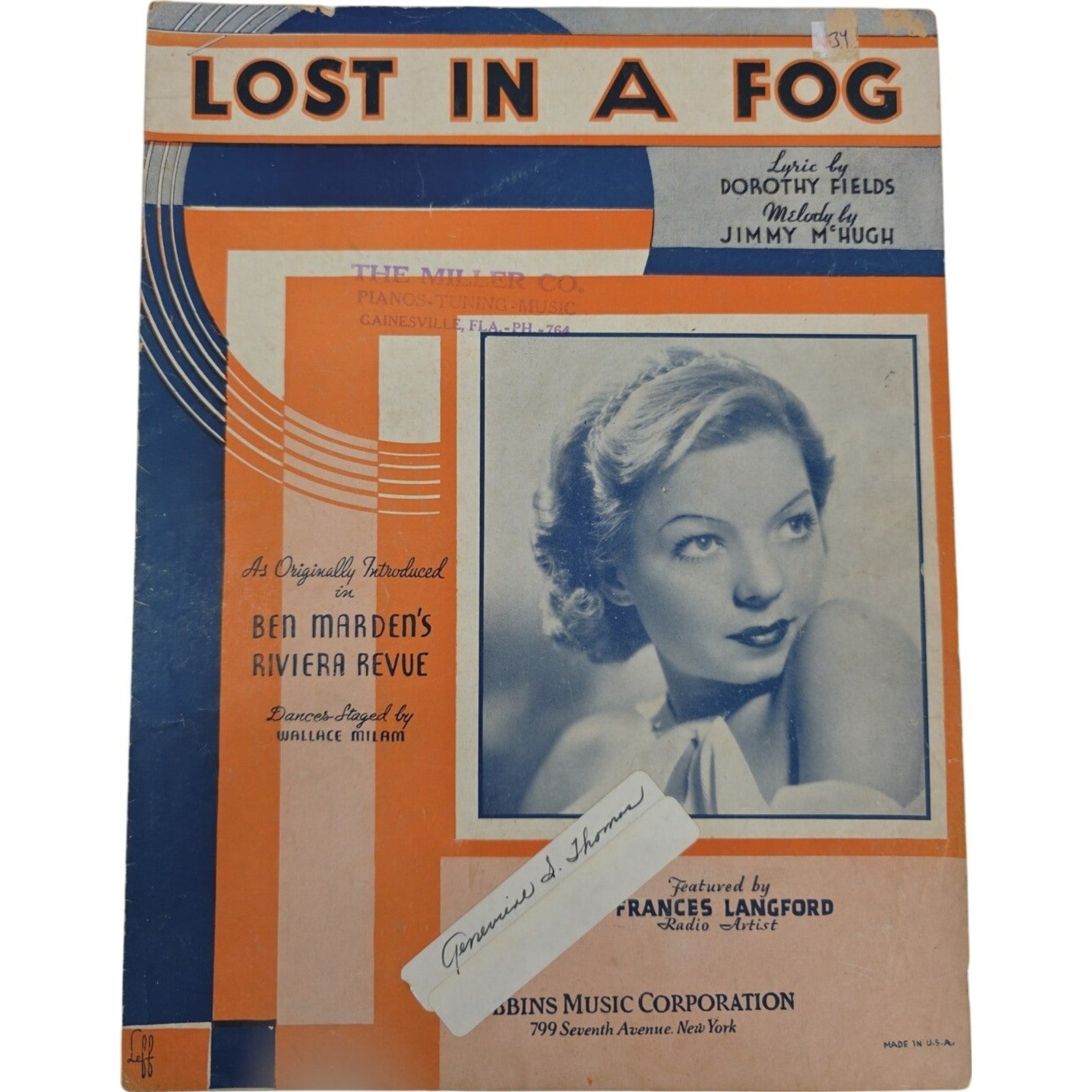 Vintage 1934 Sheet Music Lost in a Fog by Dorothy Fields and Jimmy Mc Hugh