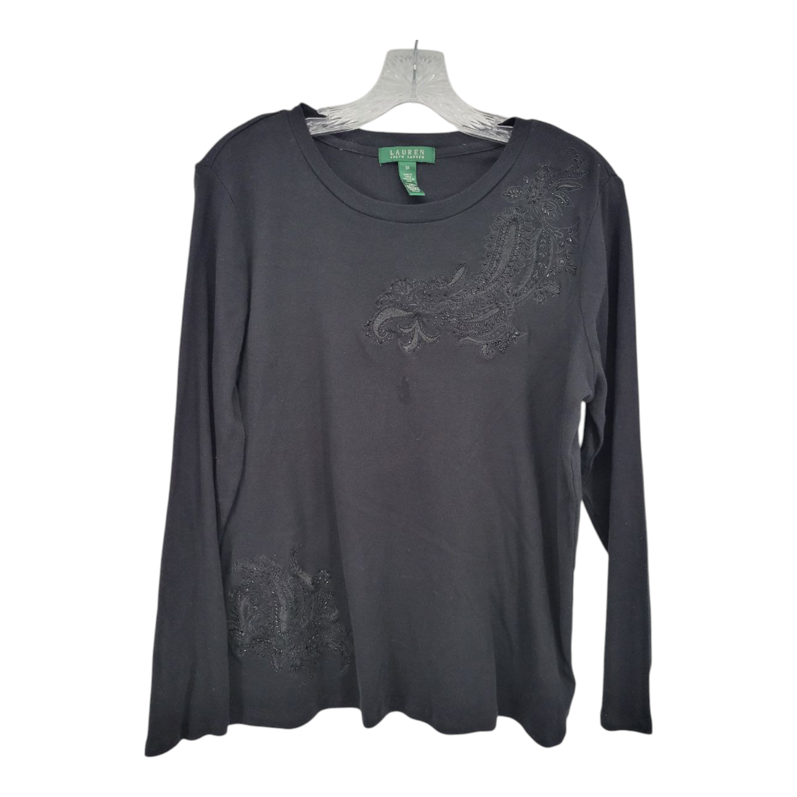 Lauren Ralph Lauren Black Long Sleeve Beaded Top Cotton Pullover 1X