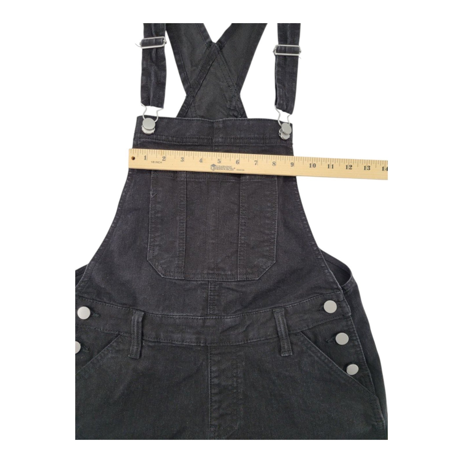 No Boundaries NOBO Women's Black Denim Overall Shorts Frayed Hem Size M (7-9)