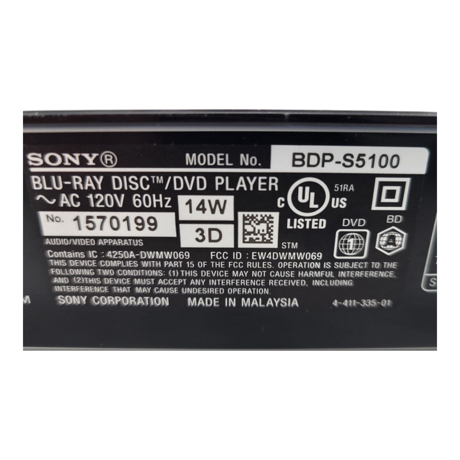 Sony BDP-S5100 3D Blu-ray Disc DVD Player Wi-Fi Streaming with Remote