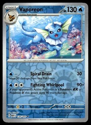 Pokemon 2023 Scarlet & Violet 151 Vaporeon Reverse Holo Rare #134 Near Mint Card