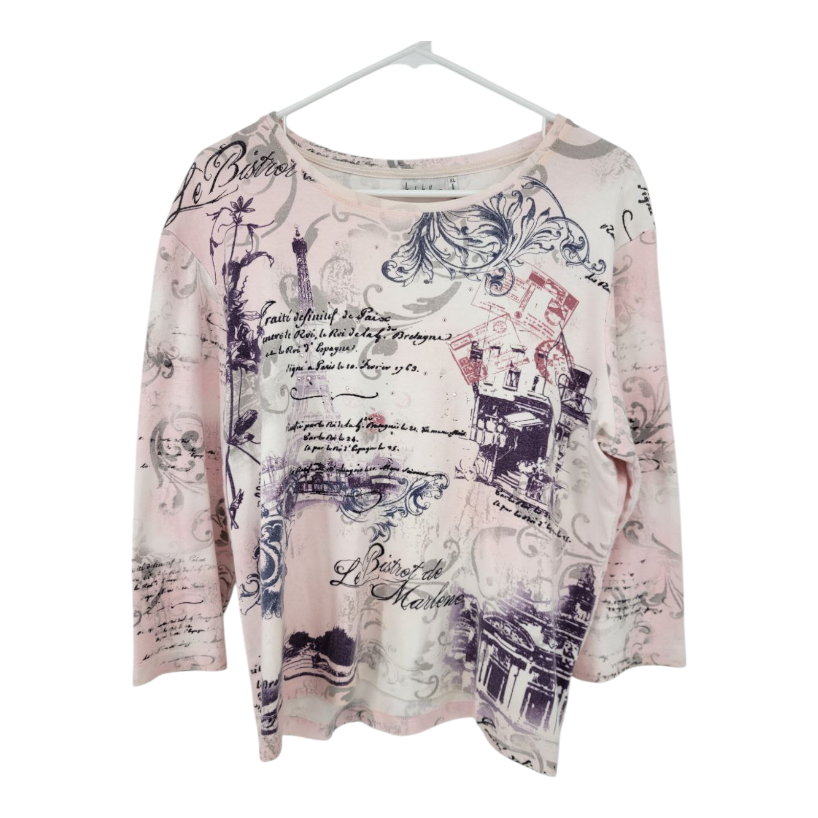 Nicole Miller Le Bistro de Marlene Pink Paris Print Top Blouse XL Long Sleeve