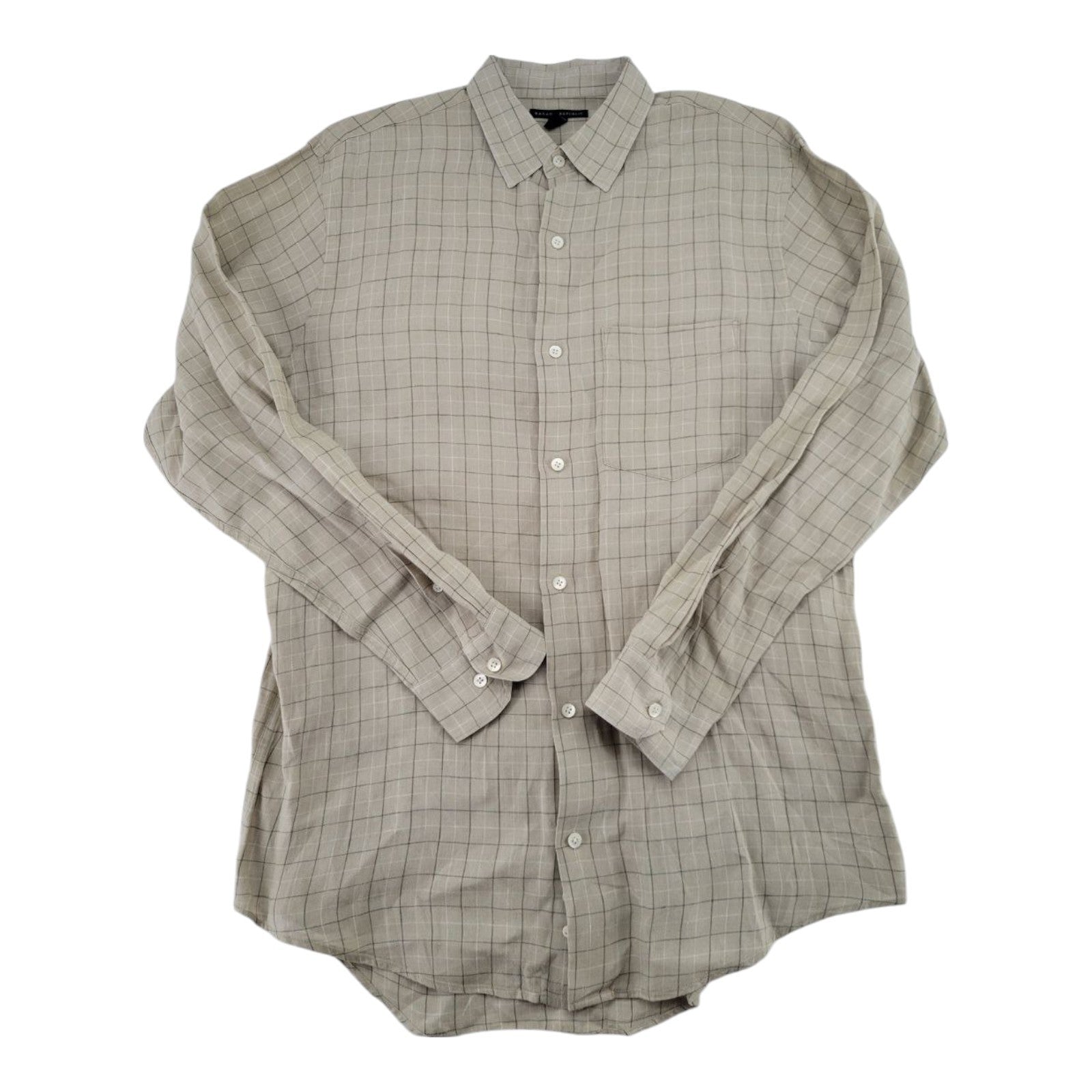 Banana Republic Mens Beige Plaid Button Down Shirt Linen Blend Long Sleeve M
