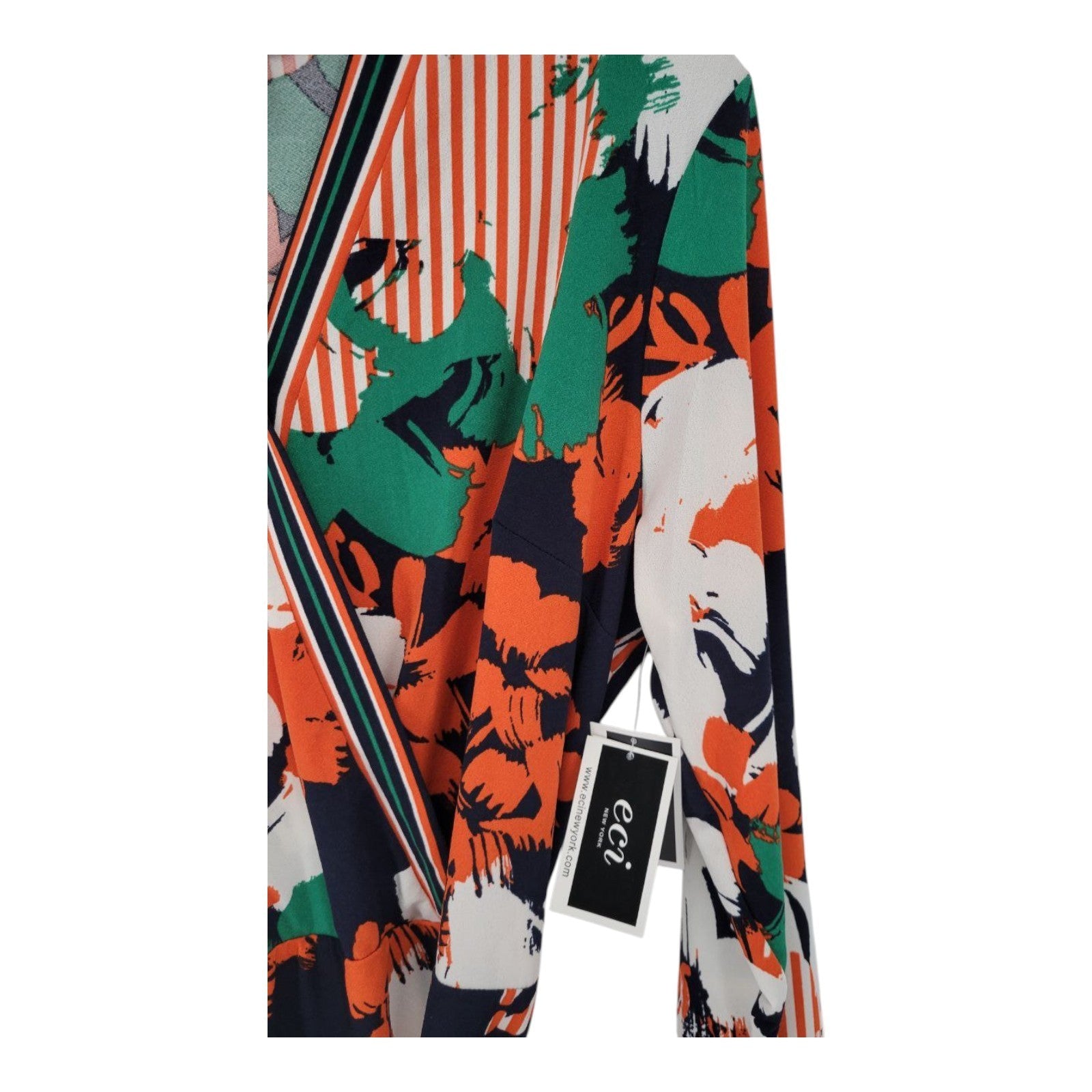 ECI New York Womens Wrap Dress Navy Orange Green Floral Stripe Stretch XL