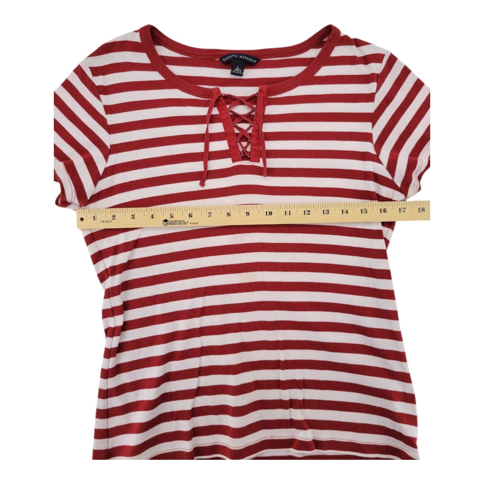 Banana Republic Red White Striped Lace Up Top Womens Short Sleeve Size L