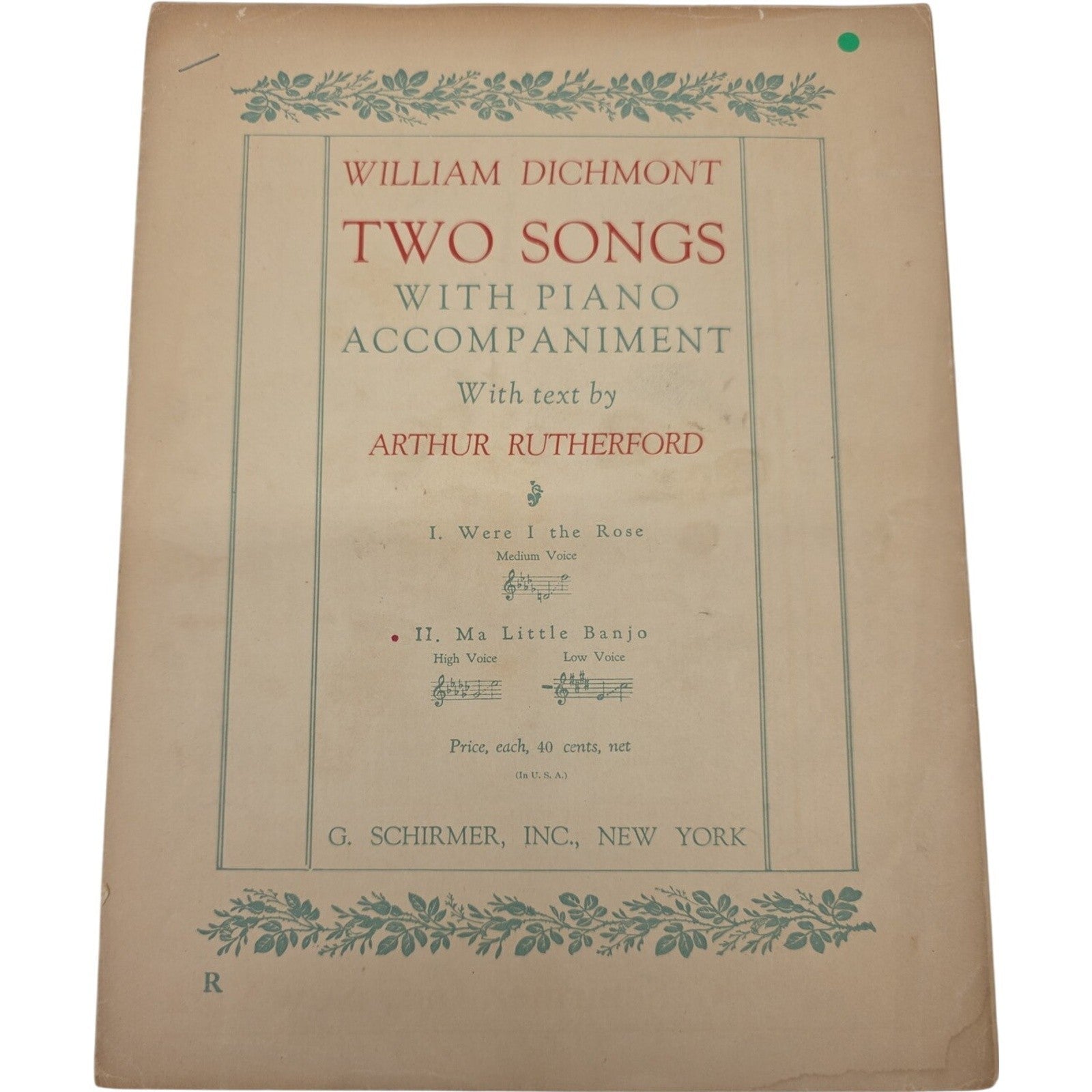 Vintage William Dichmont Two Songs with Piano accompaniment Sheet Music 1917