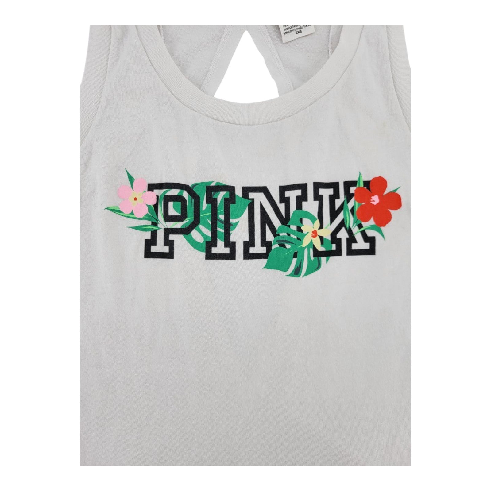 Victorias Secret PINK Tropical Logo Racerback Tank Top White Open Back Size L