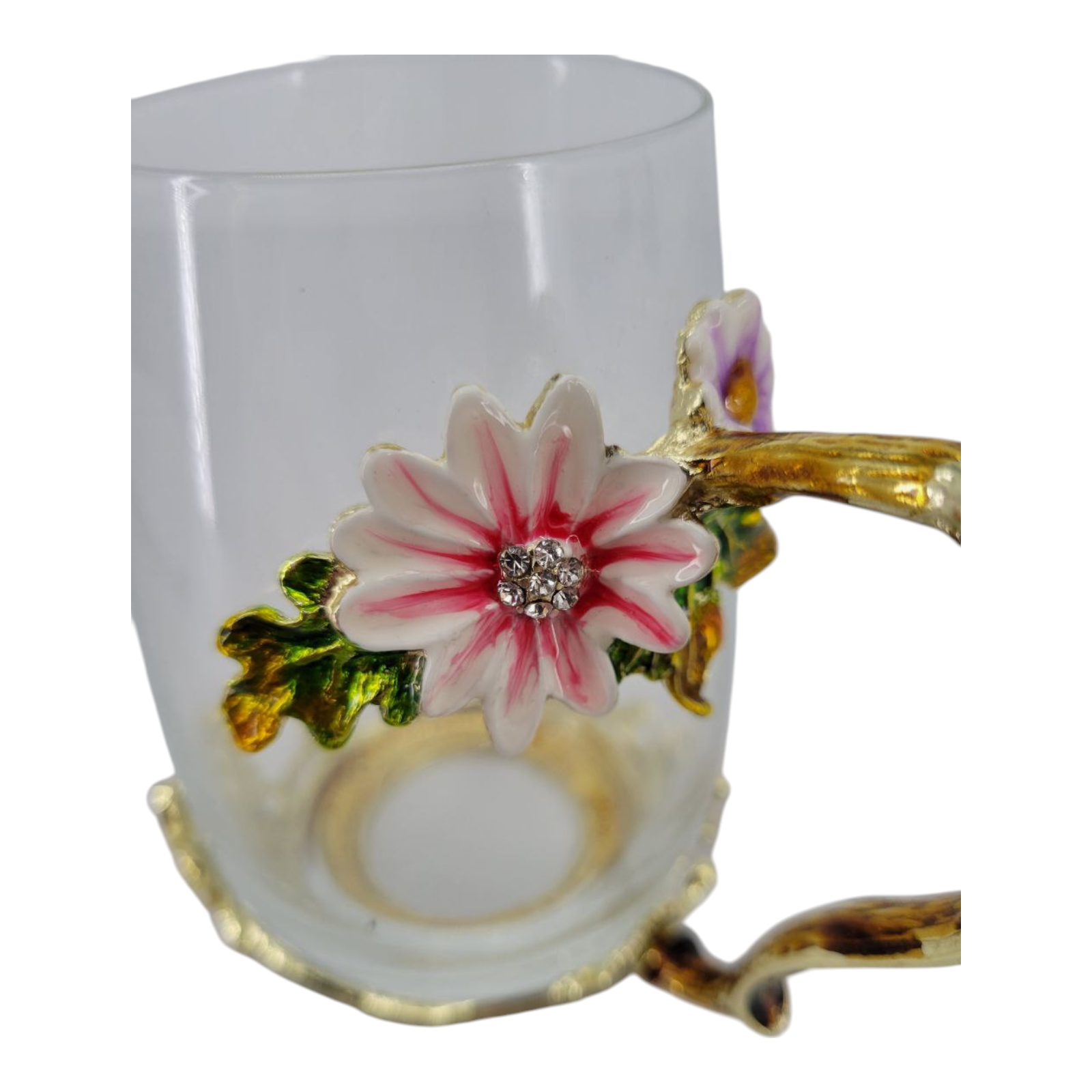 Glass Enamel Milk Tea Coffee Cup and Spoon Set Pink Flower with Gold Handle