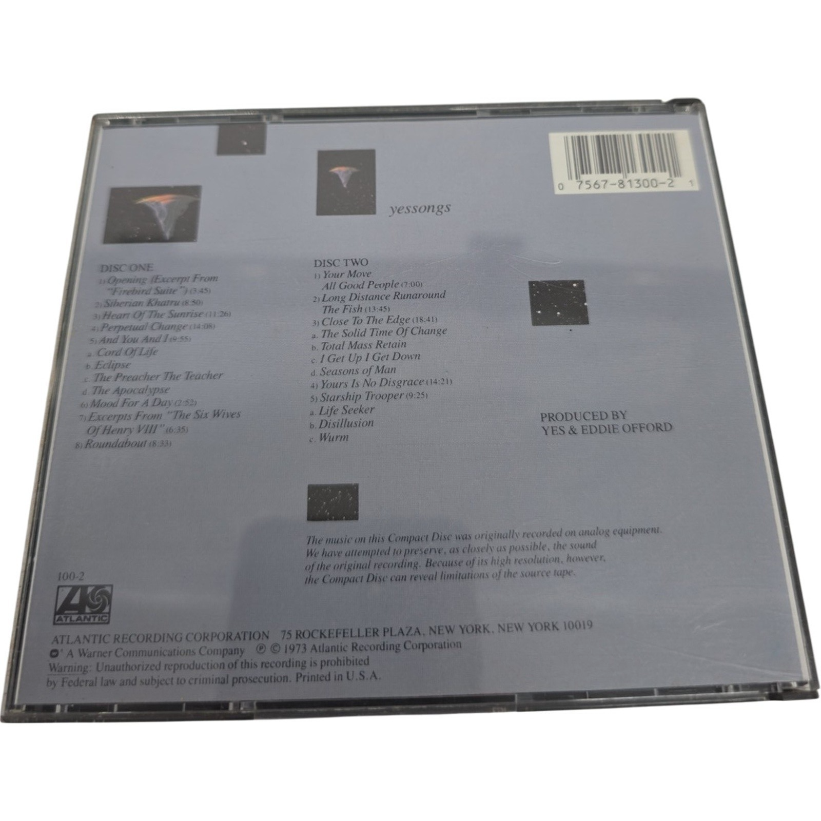 Yes Yessongs 2 CD Set 1993 Atlantic Progressive Rock Live Album