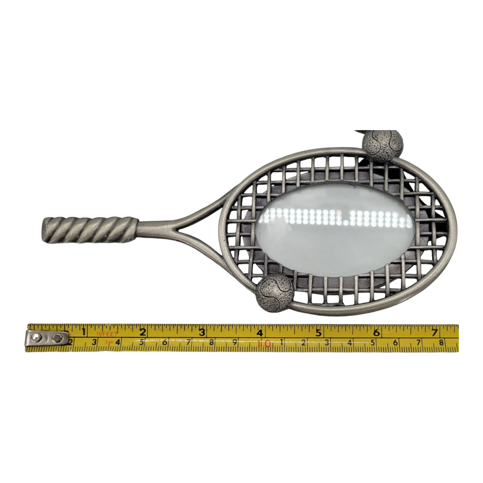 Vintage Pewter Tennis Racket Picture Frame Oval Photo Holder with Tennis Balls