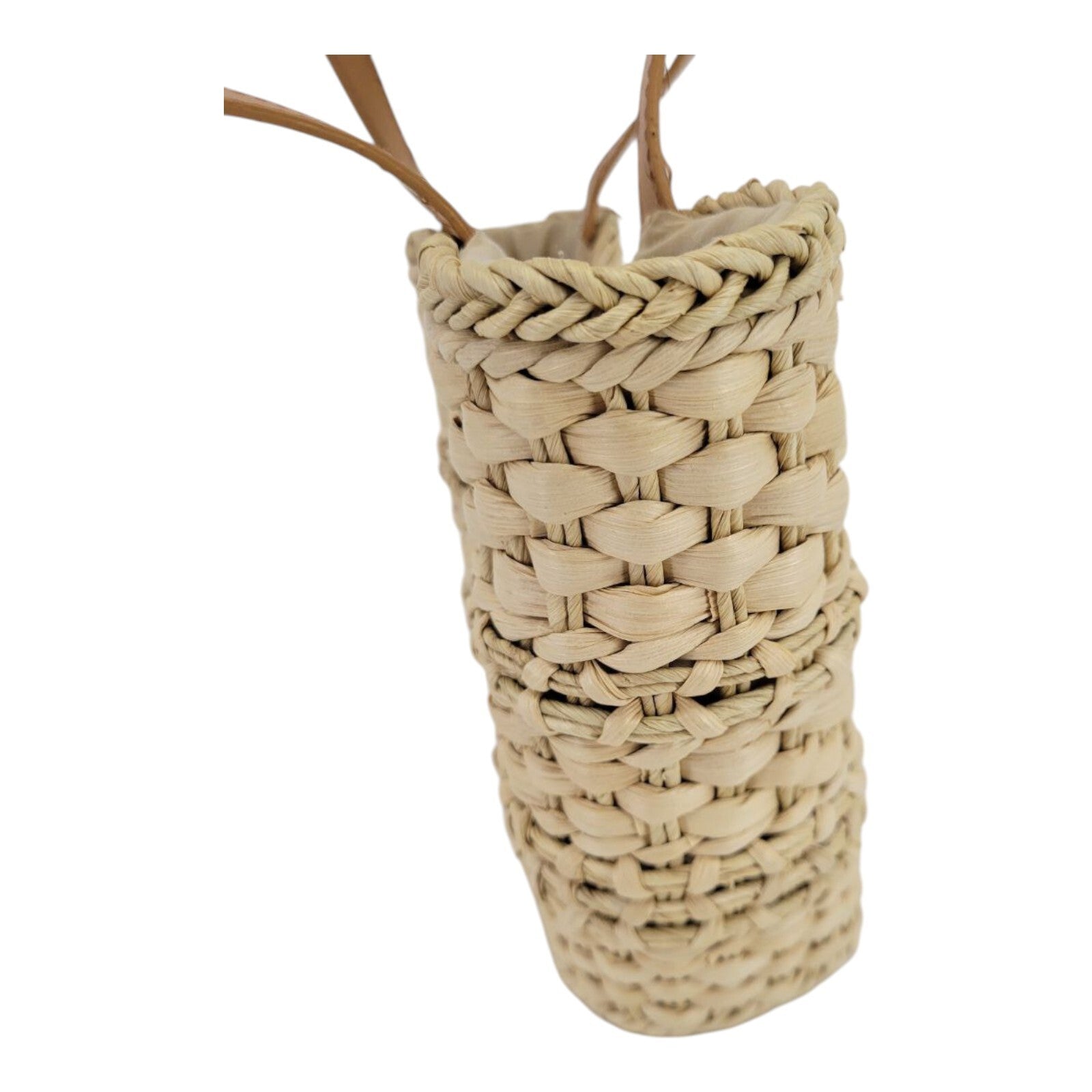 Womens Beige Tote Cornhusk Handbag with Leather Handles and Beads