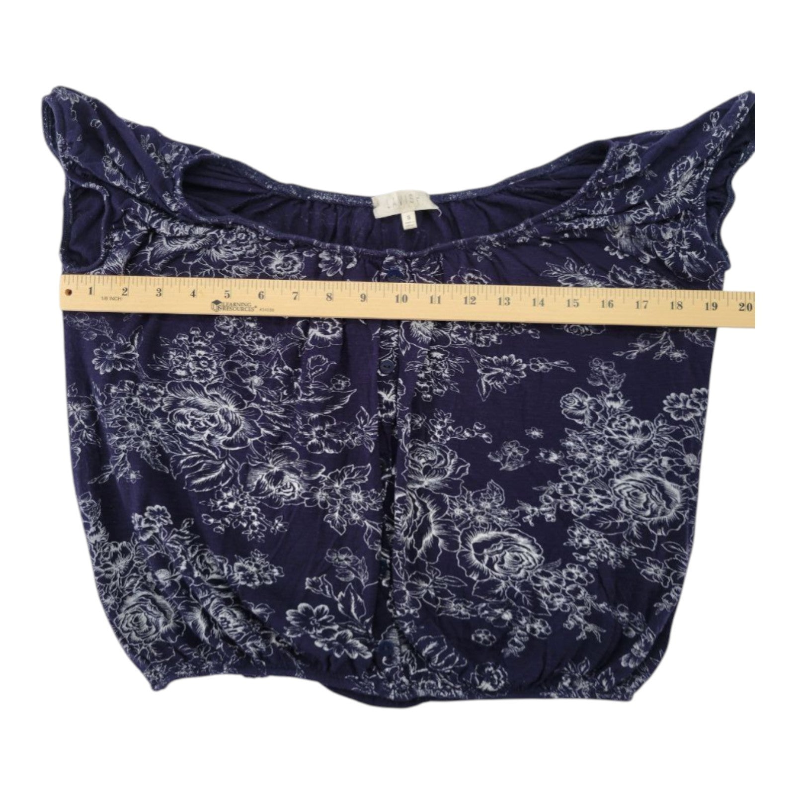 Lavish Women's Navy Blue Floral Print Cap Sleeve Top Elastic Hem Size S