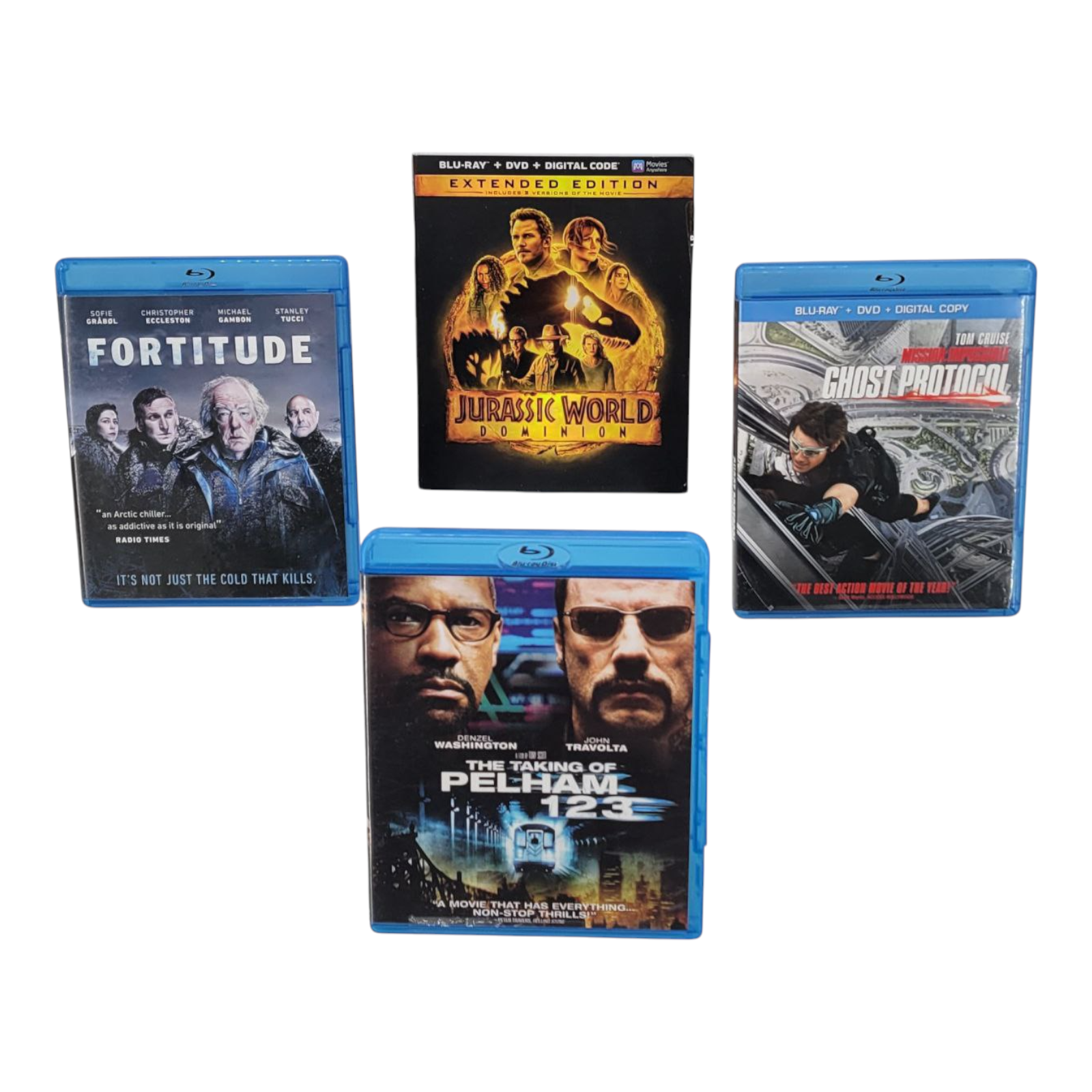 Jurassic World Fortitude Ghost Protocol Pelham 123 Blu-ray Movie Bundle Lot of 4