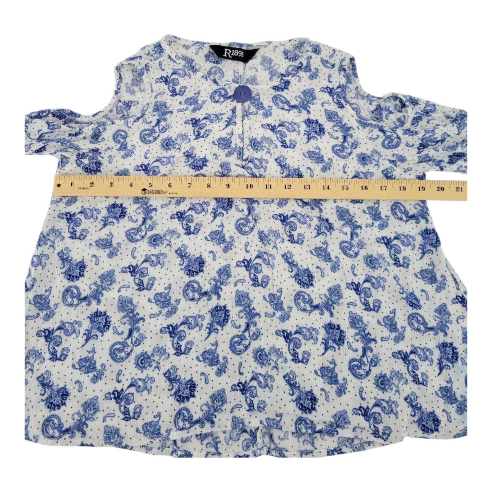 R1893 Womens Cold Shoulder Blue Paisley Print Top Button Neck