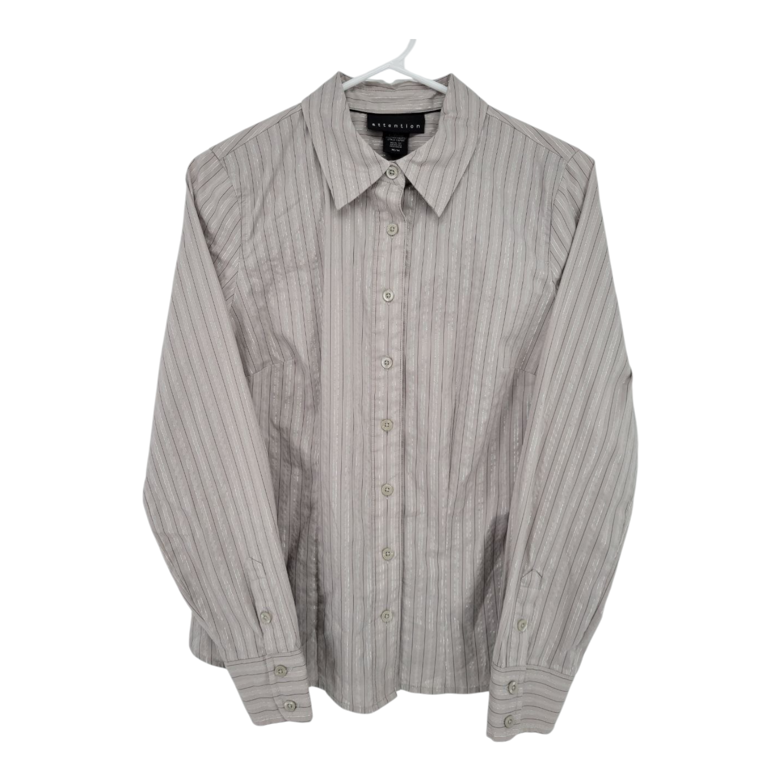 Attention Womens Button Up Long Sleeve Shirt Gray Striped Size M