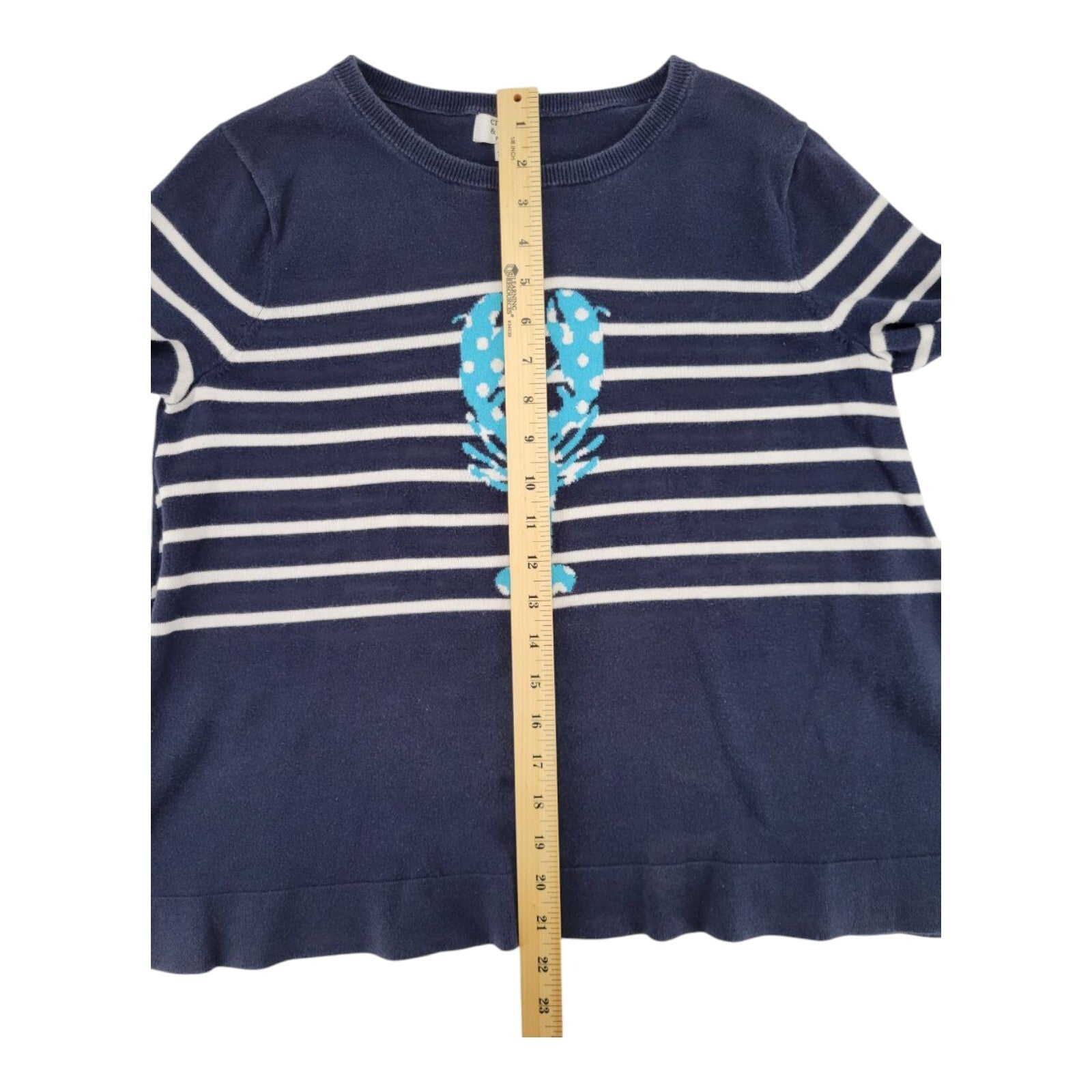 Crown & Ivy Petite Womens Navy Blue Lobster Intarsia Striped Pullover Sweater PM