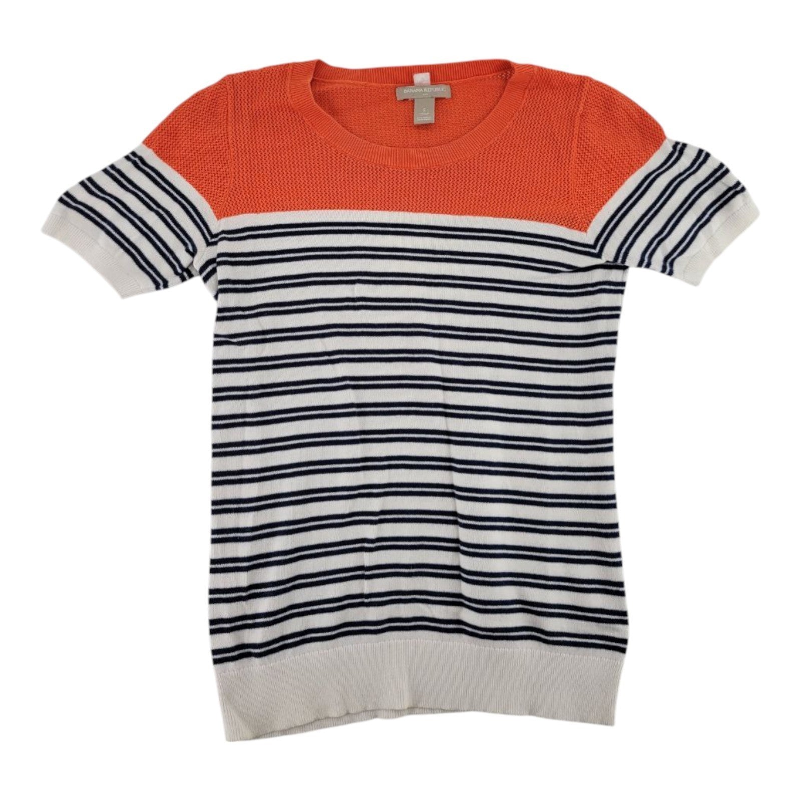 Banana Republic Womens Striped Sweater Top Orange Navy White Short Sleeve S