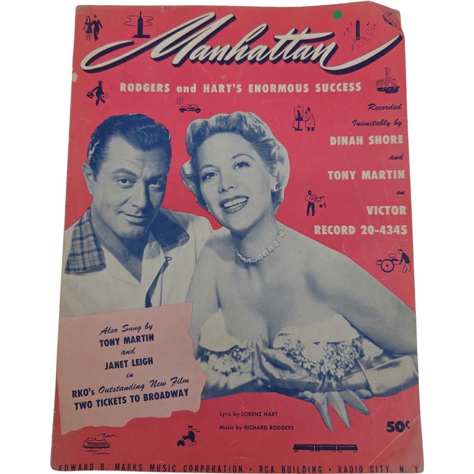 Manhattan Sheet Music Dinah Shore Tony Martin Victor Record 20-4345 Vintage