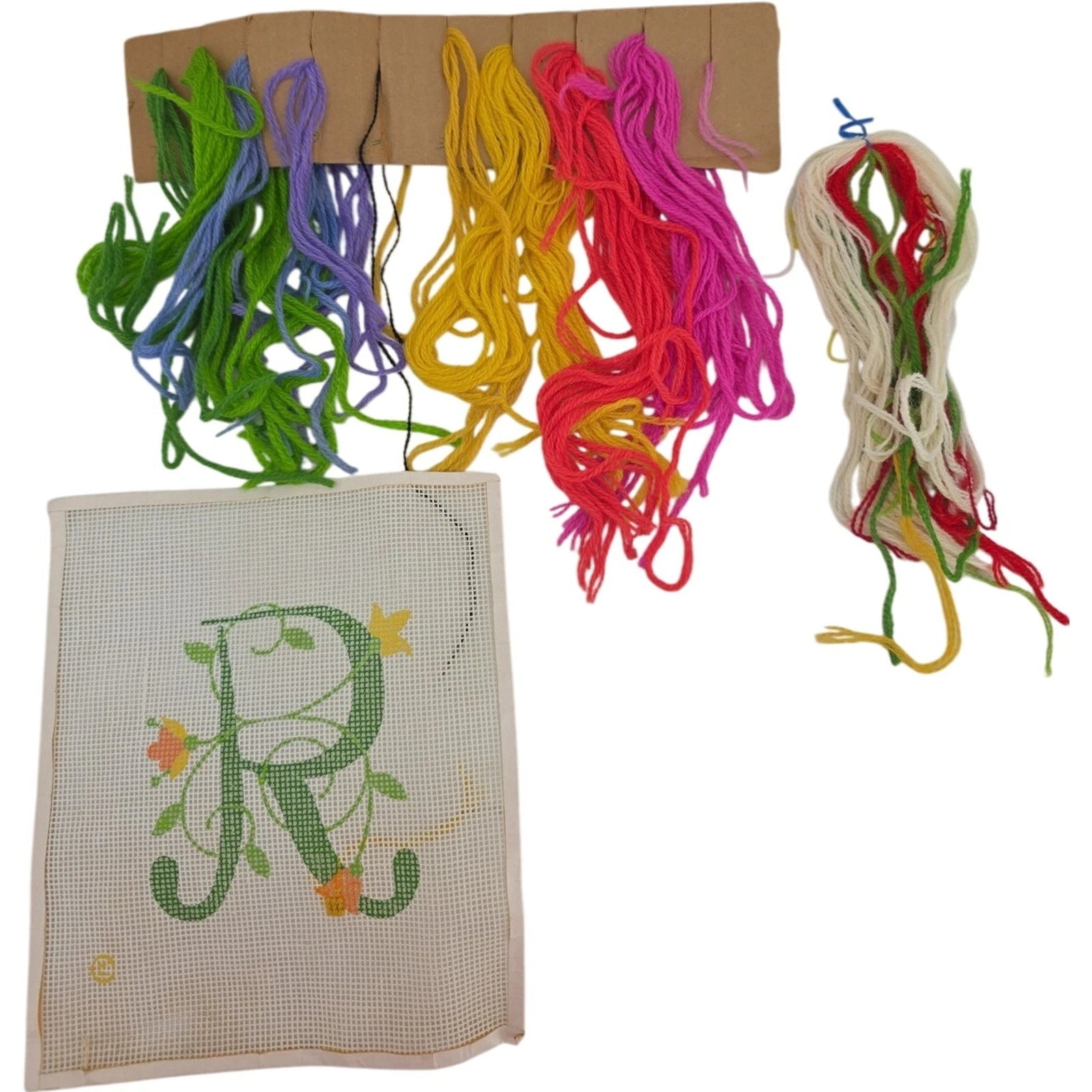 Vintage Floral Monogram "R" Needlepoint Canvas Kit with Yarn Partially Started
