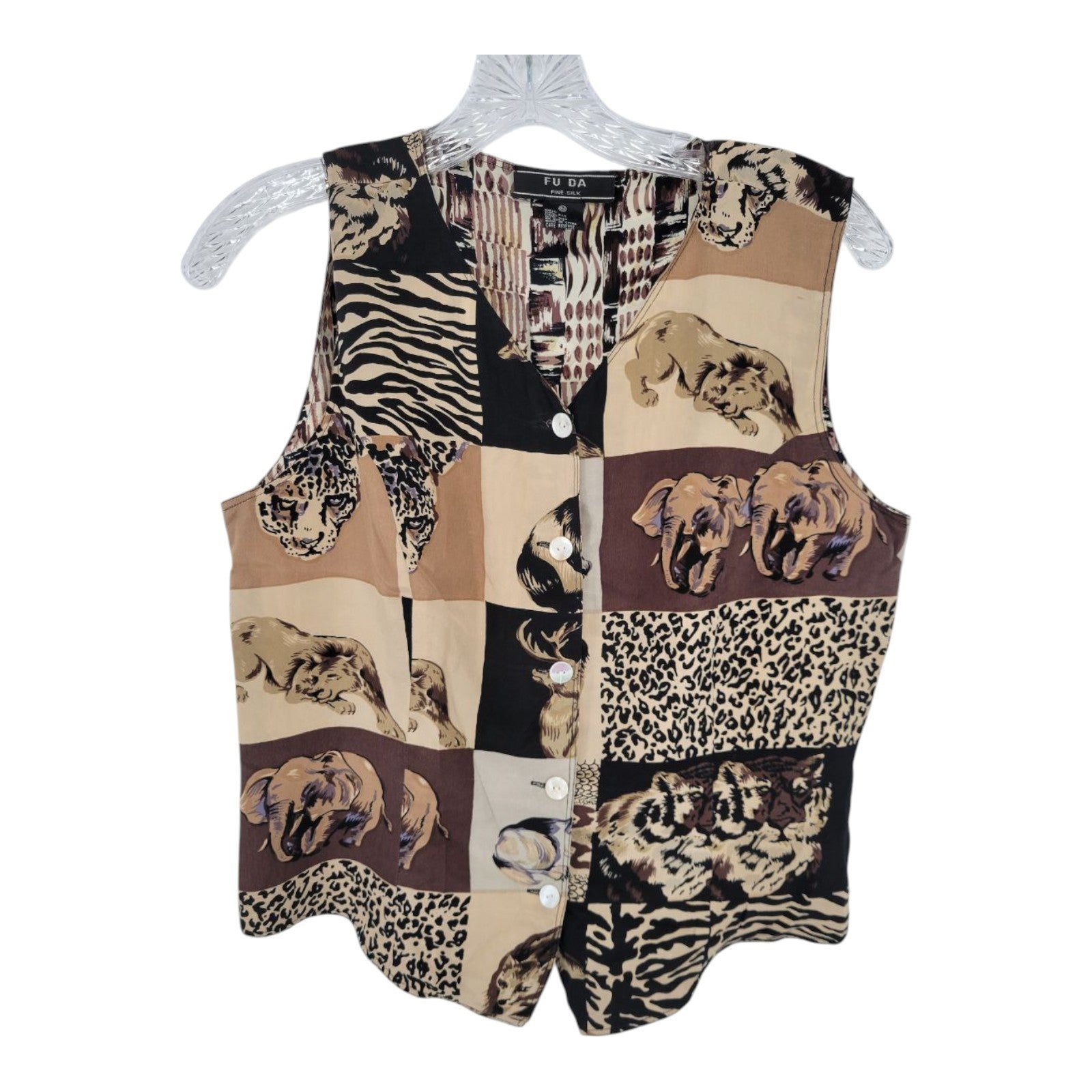 FU DA Fine Silk Sleeveless Safari Animal Print Button Front Vest PM
