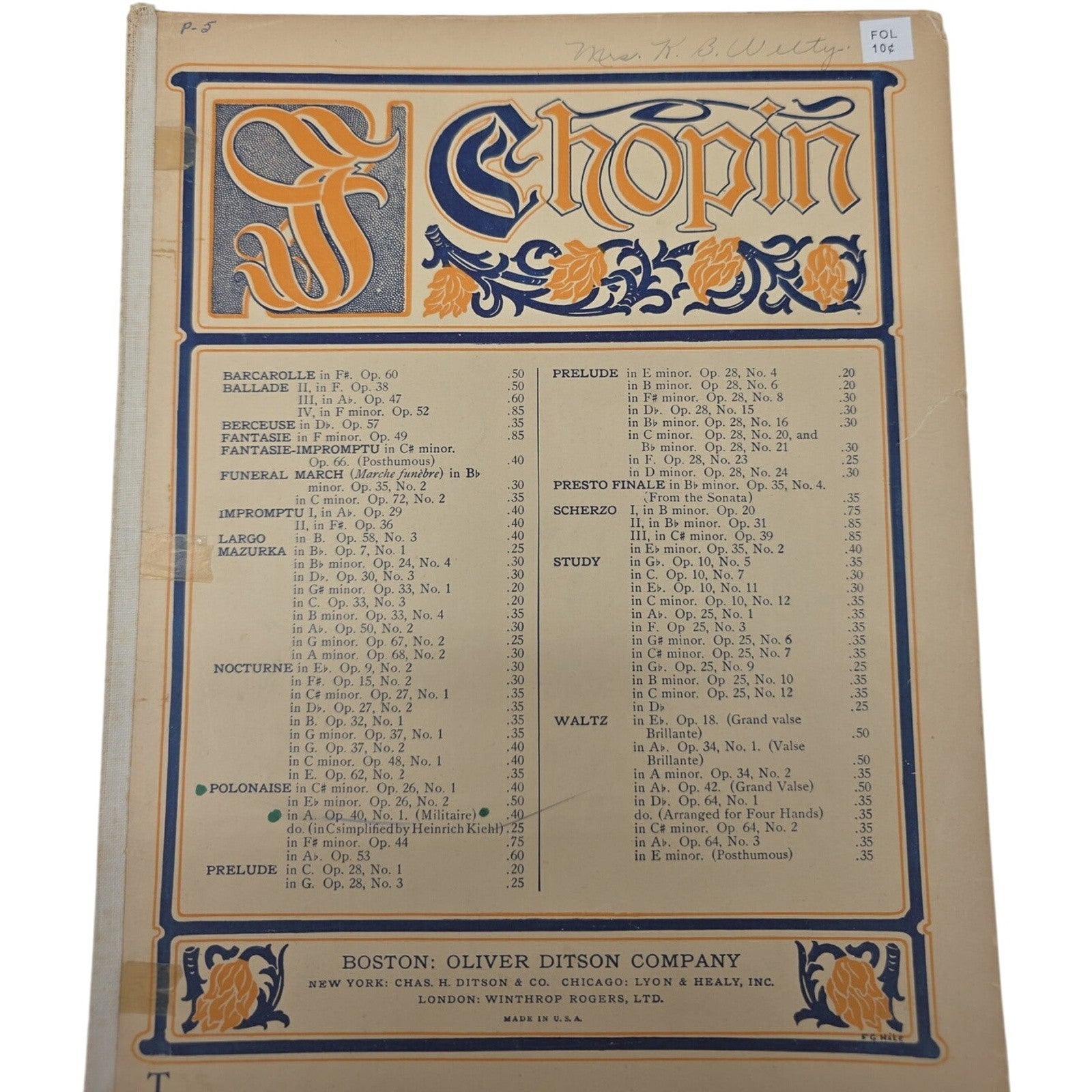 Chopin Polonaise Militaire Op 40 No 1 Vintage Sheet Music Oliver Ditson Co