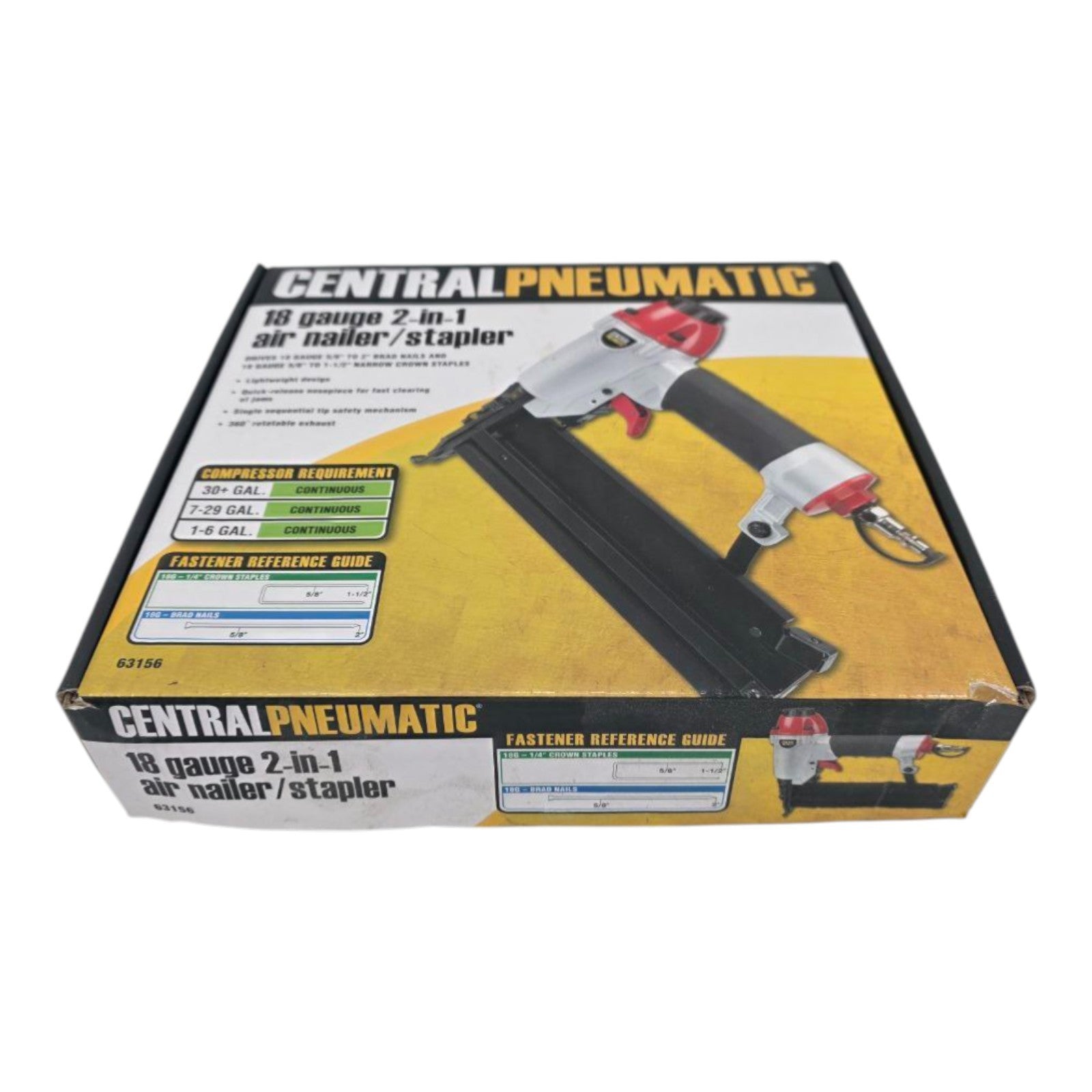 Central Pneumatic 18 Gauge 2 in 1 Air Nailer Stapler Model 63156 w/ Box & Manual
