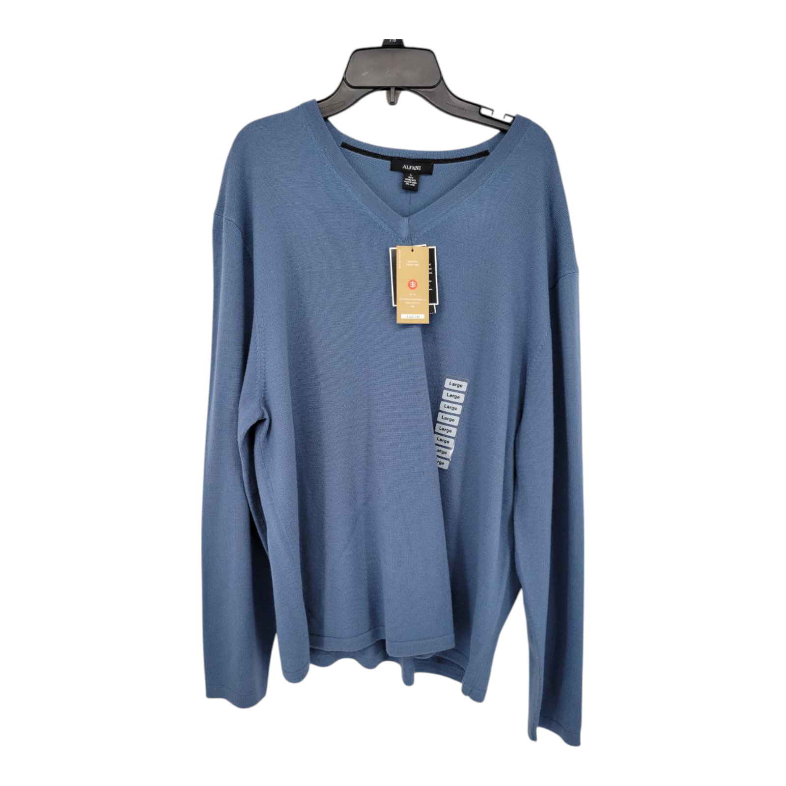 Alfani Merino Wool V Neck Sweater Blue Long Sleeve Pullover Knit Size Large