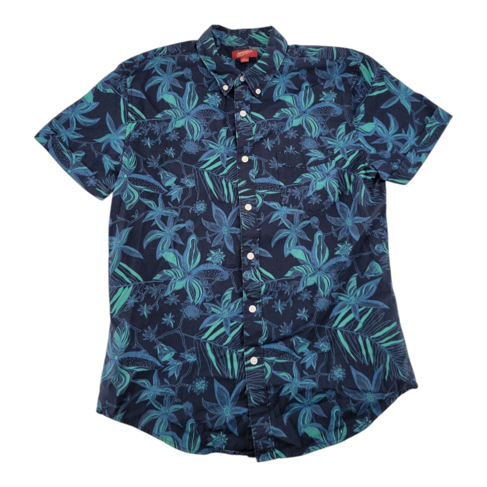 Arizona Jean Co Blue Green Floral Hawaiian Shirt Mens Button Up Size M