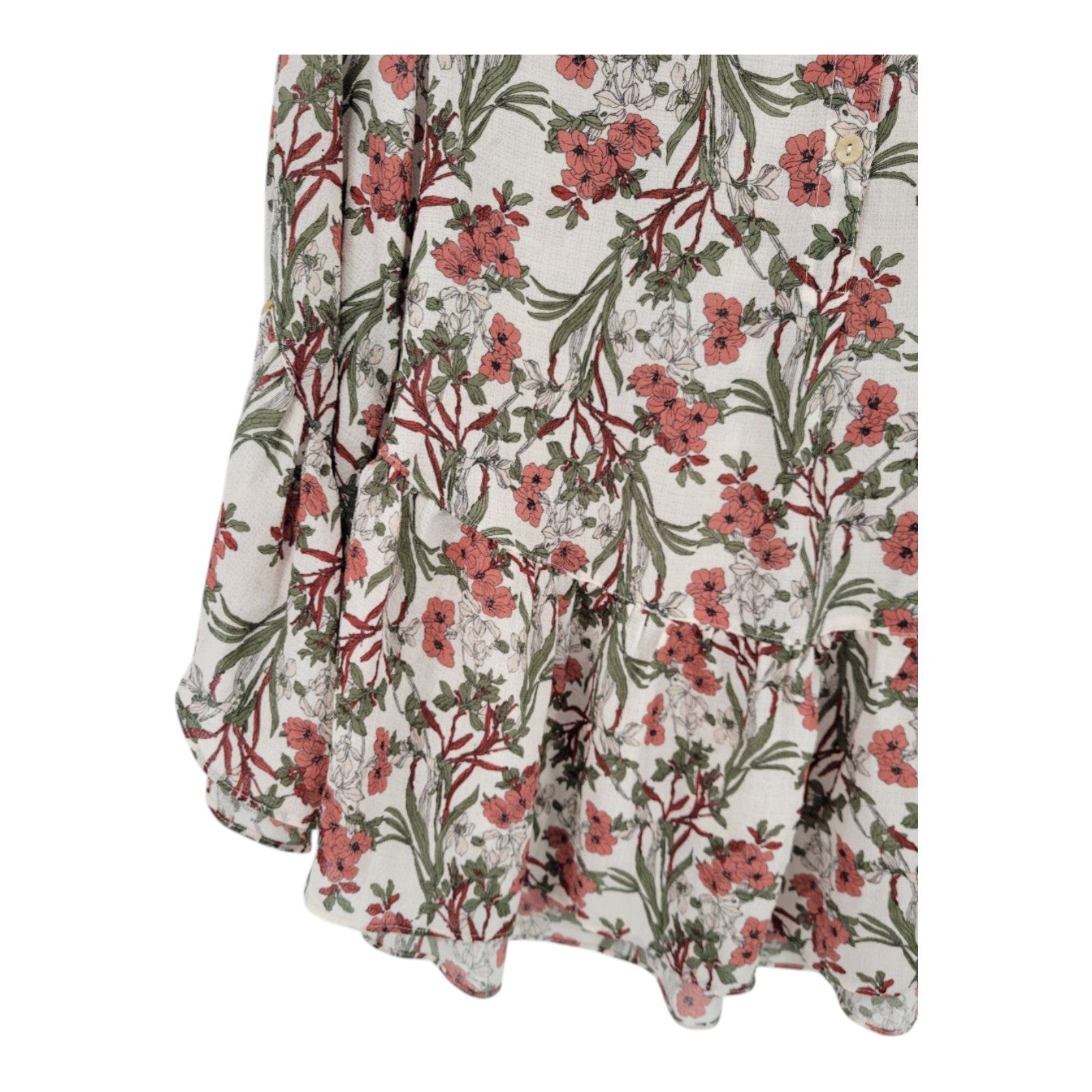 Max Studio Women's Floral Blouse XS White Pink Green Ruffle Hem Long Sleeve