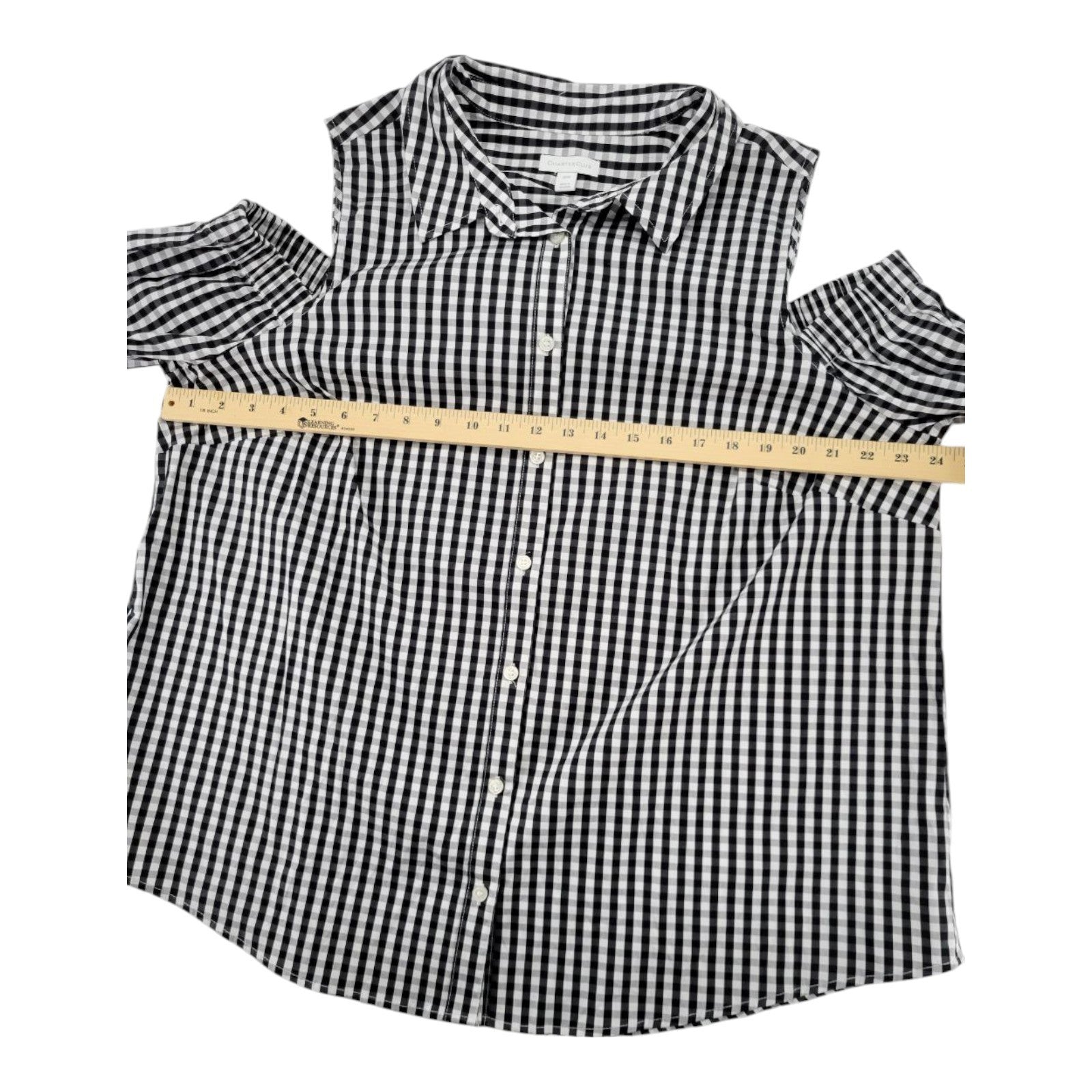 Charter Club Woman Gingham Cold Shoulder Top Black White Button Front 18W