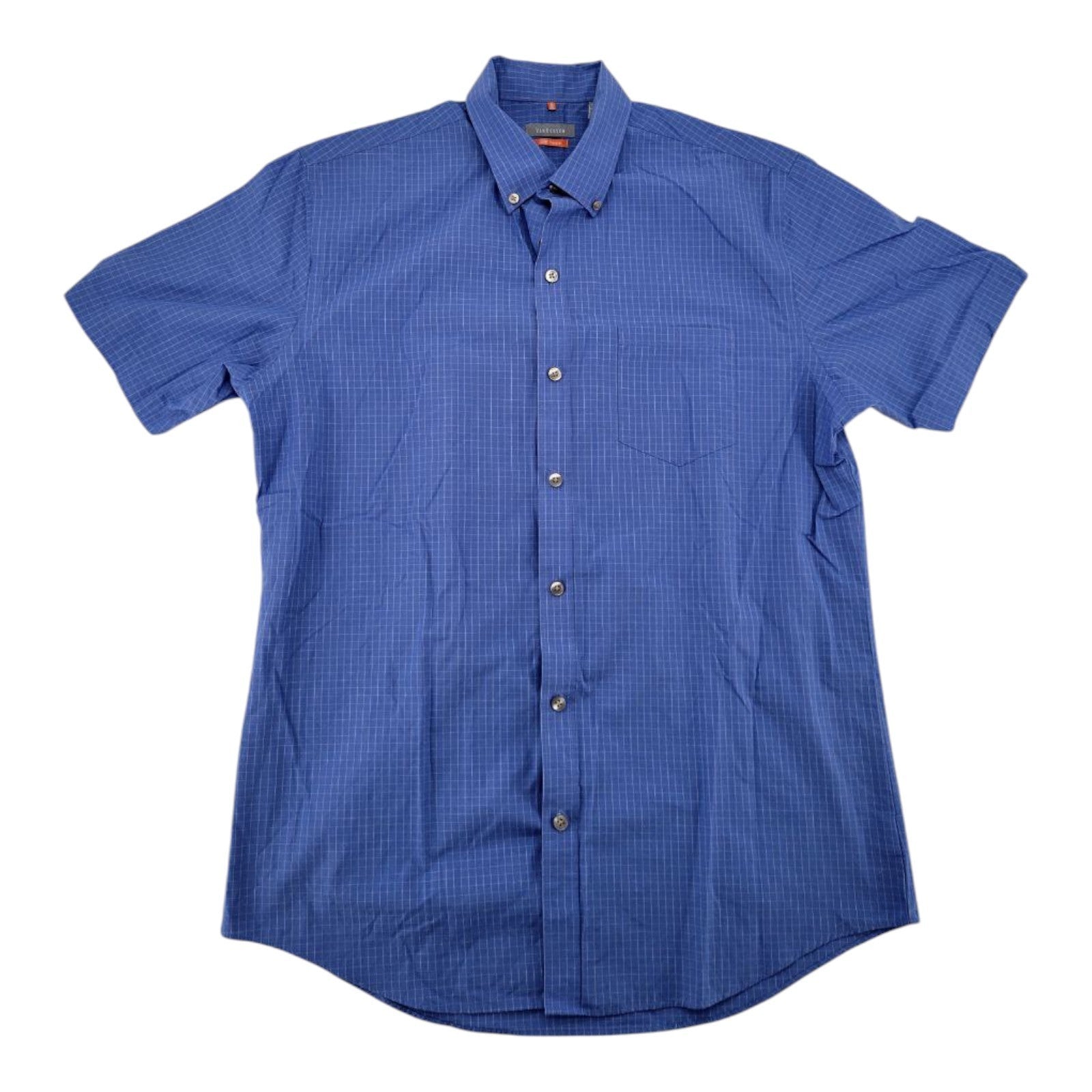 Van Heusen Traveler Shirt M 15-15.5 Blue Check Short Sleeve Button Front