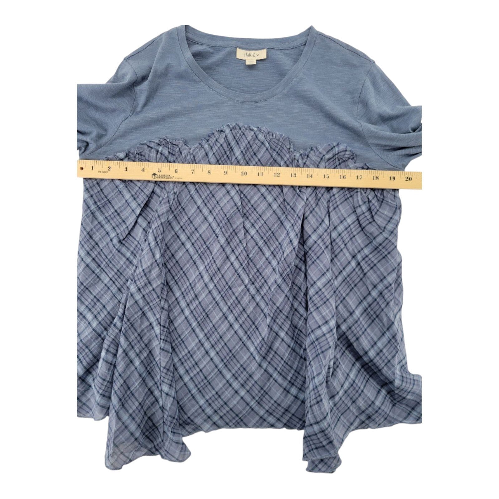 Style & Co Women's Blue Plaid Peplum Top Long Sleeve Mixed Media Scallop M