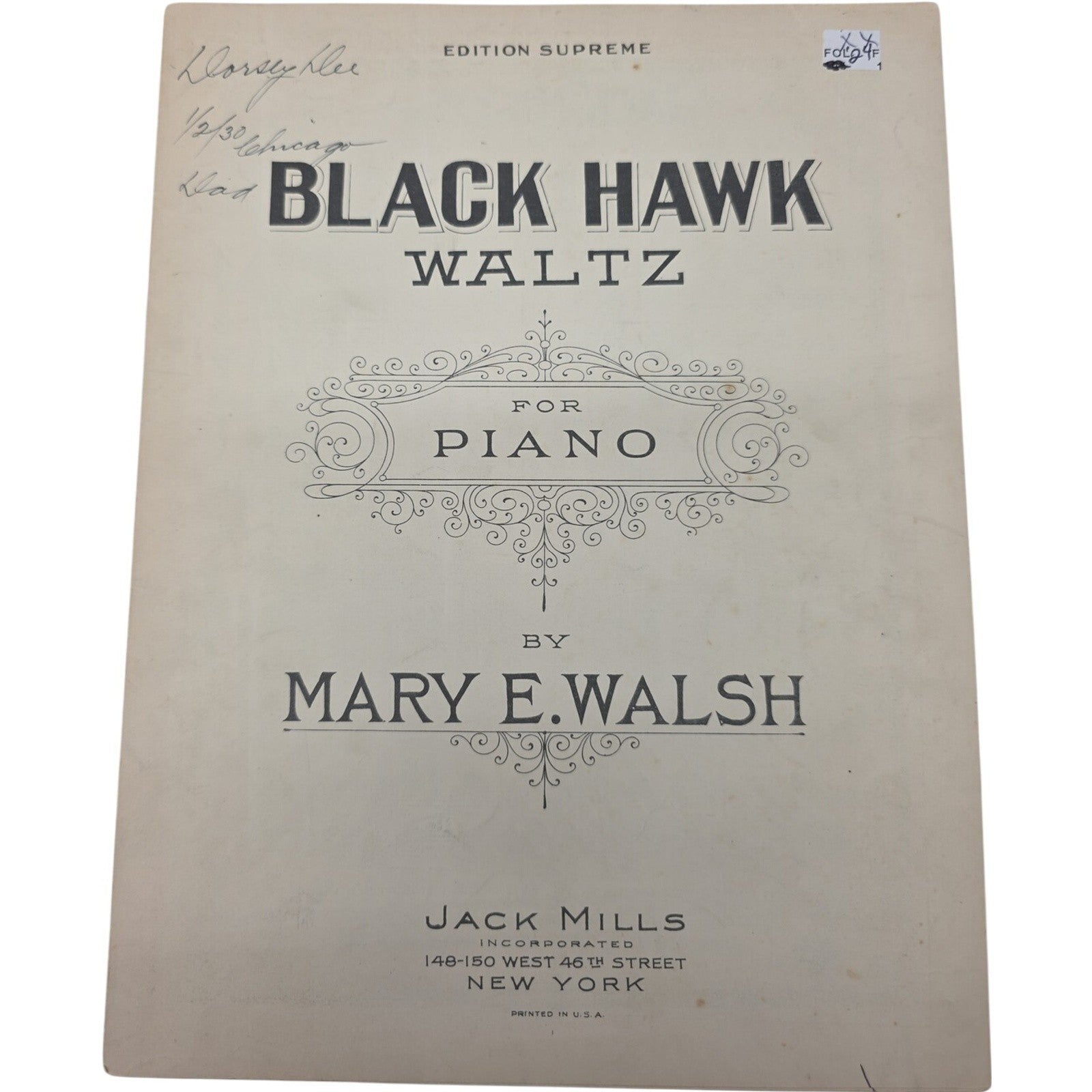 1924 Sheet Music Black Hawk Waltz by Mary E Walsh Edition Supreme Mills Music