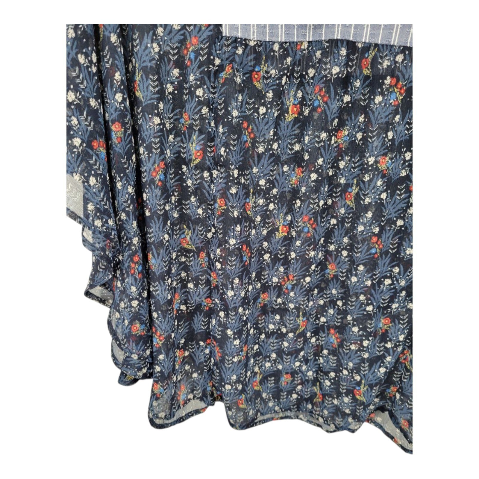 Style & Co Women's Boho Tassel Blouse Navy Floral Stripe Print Top XL