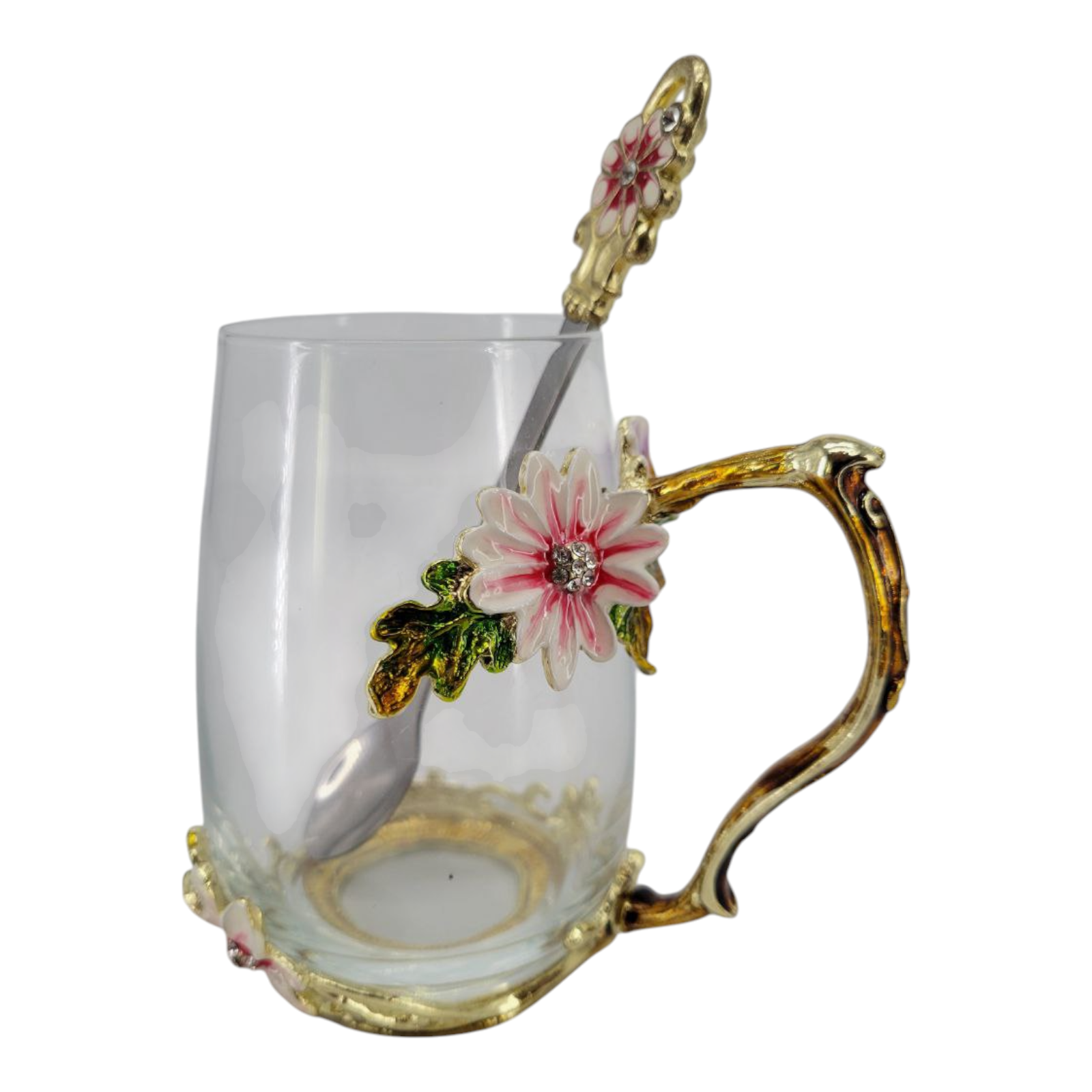 Glass Enamel Milk Tea Coffee Cup and Spoon Set Pink Flower with Gold Handle