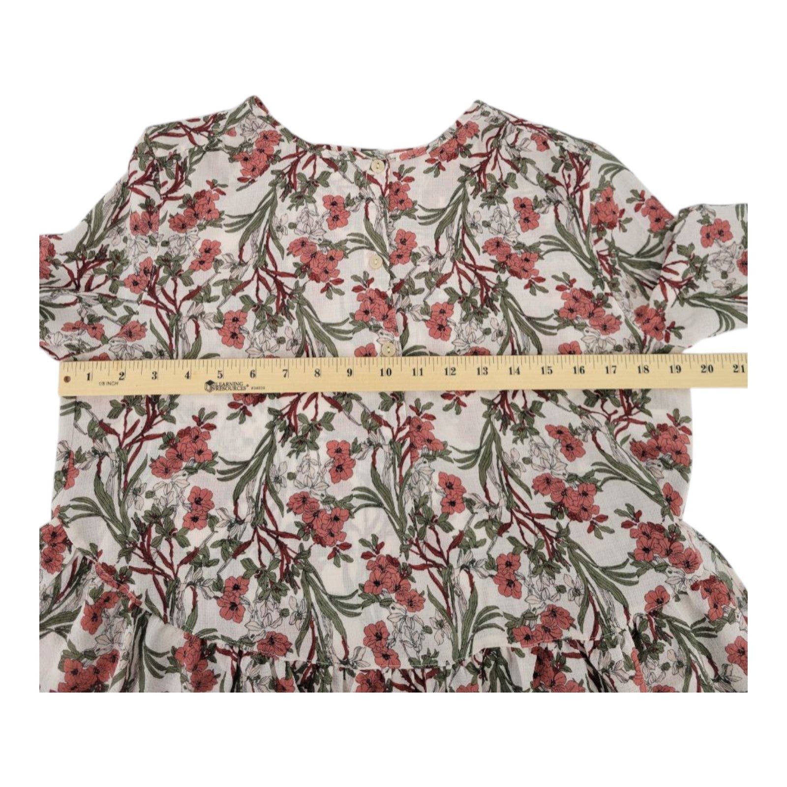 Max Studio Women's Floral Blouse XS White Pink Green Ruffle Hem Long Sleeve