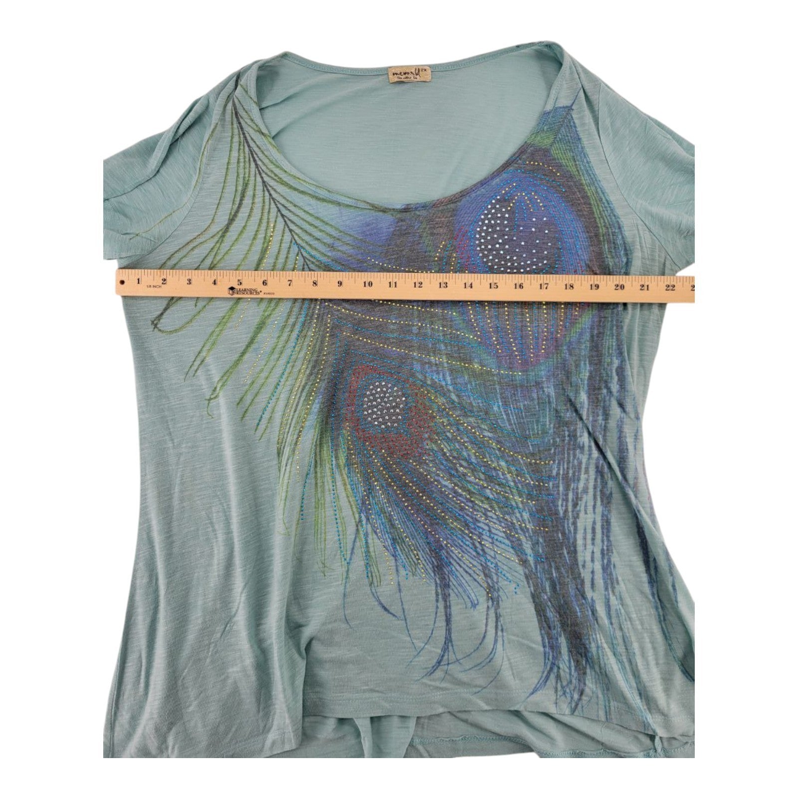 One World Live and Let Live Sage Green Boho Peacock Top Short Sleeve Size 2X