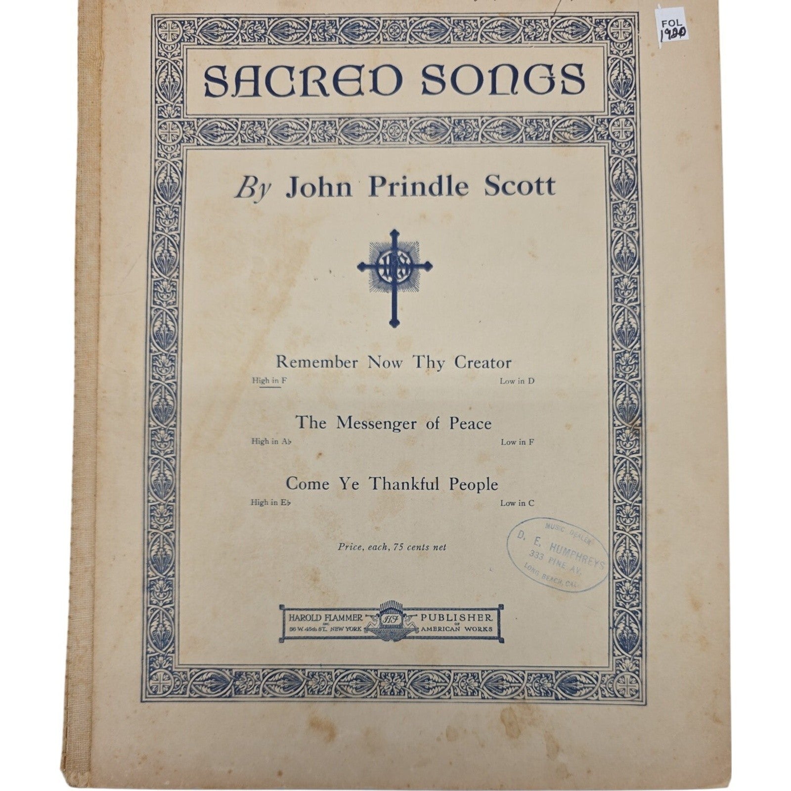 Vintage Sheet Music Sacred Songs 1920 John Prindle Scott