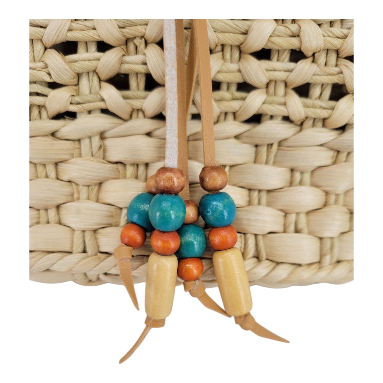 Womens Beige Tote Cornhusk Handbag with Leather Handles and Beads