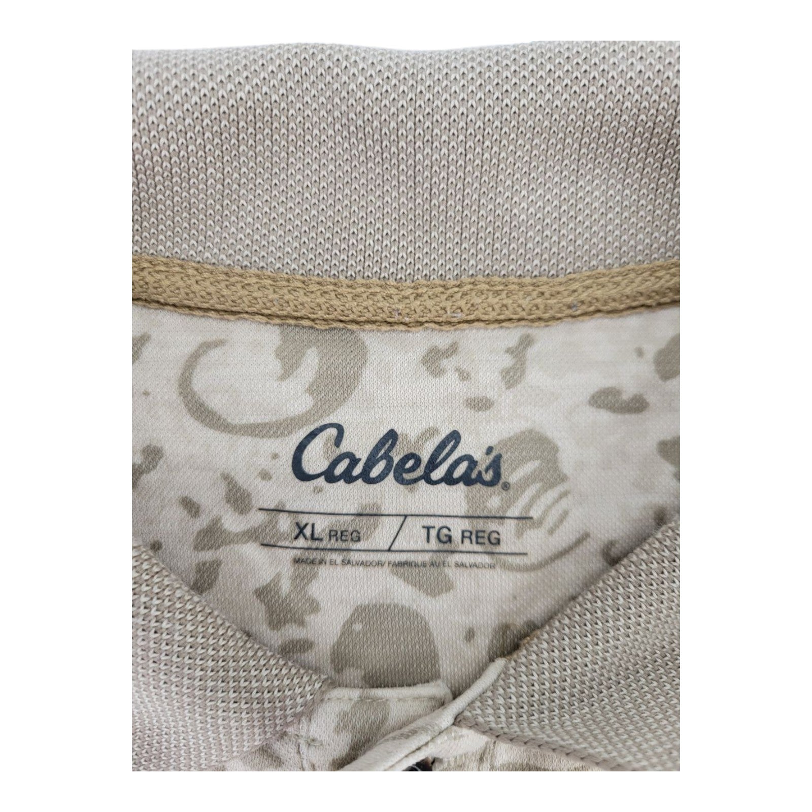 Cabelas Mens Polo Shirt Beige All Over Print Casual Short Sleeve Size XL