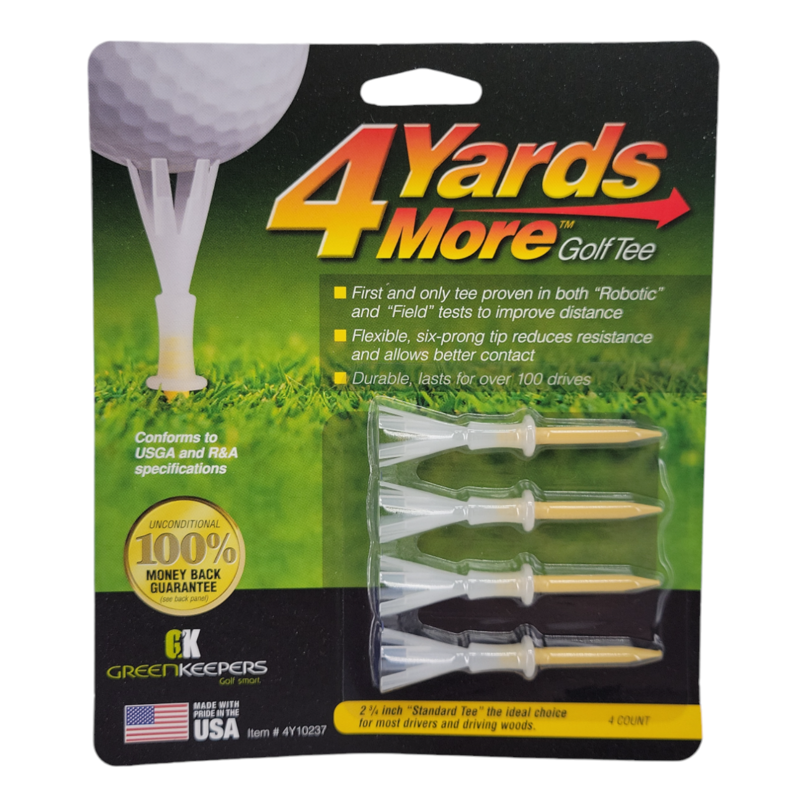 Green Keepers 4 Yards More Golf Tees 2 3/4" Set of 4 Yellow Plastic Tees