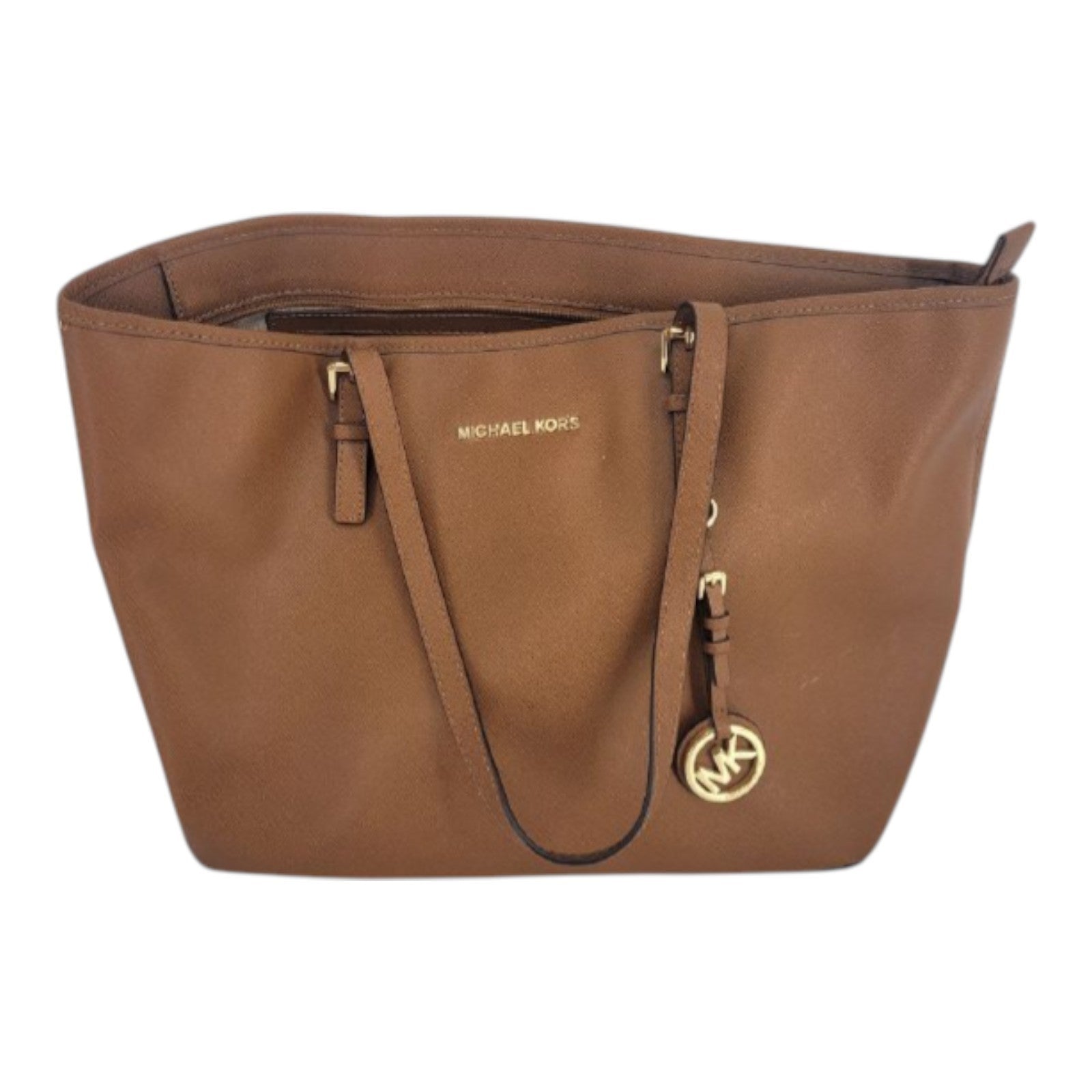 Michael Kors Jet Set Travel Brown Leather Tote Bag Large MK Charm Logo