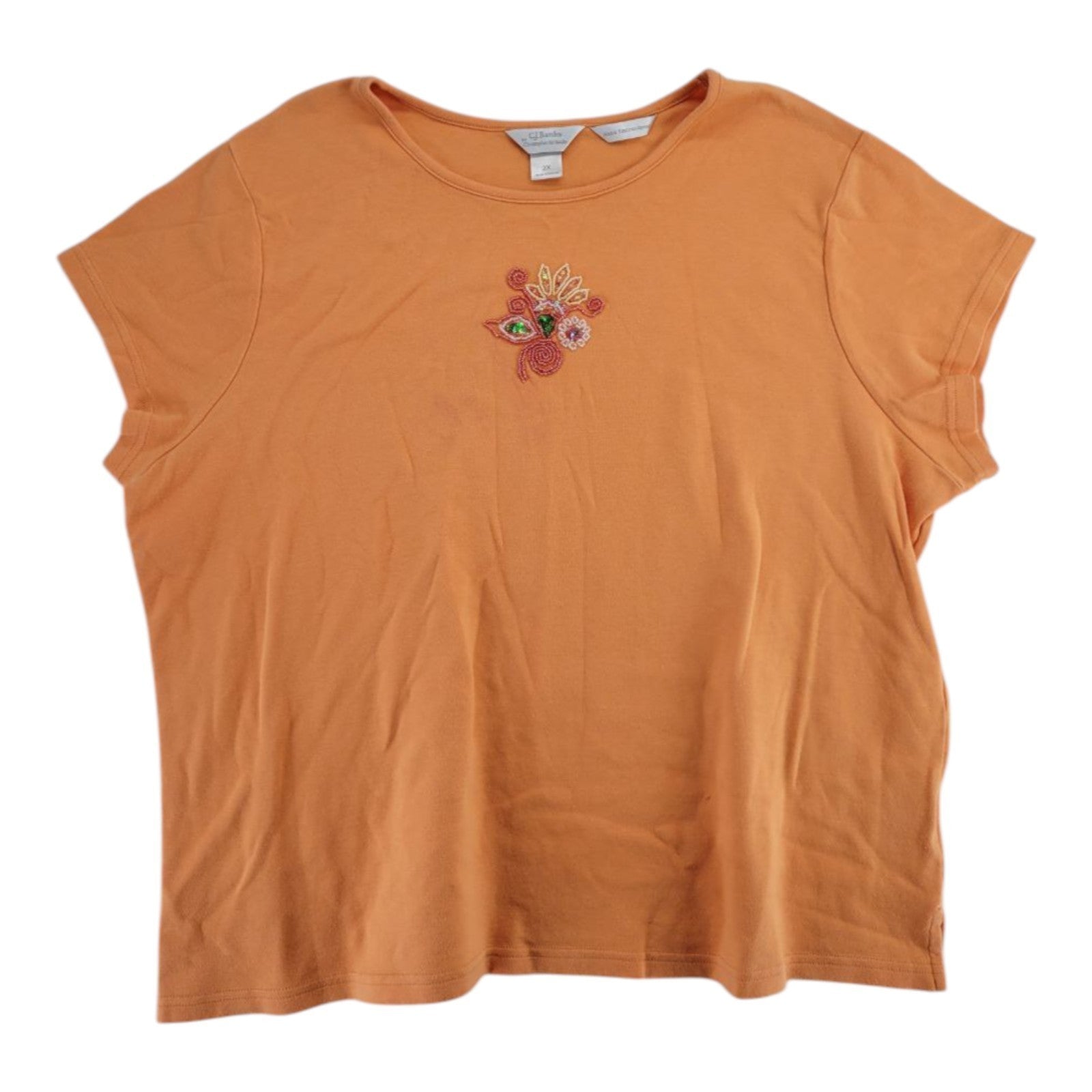 CJ Banks Orange Hand Embroidered Beaded Floral Tee Short Sleeve Top Women's 2X