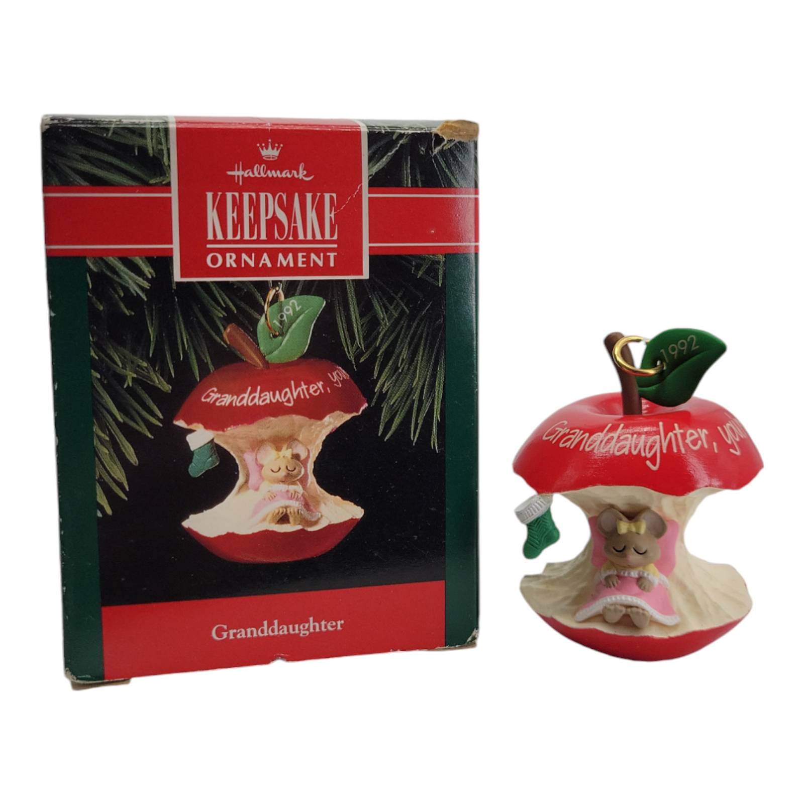 1992 Hallmark Keepsake Ornament Granddaughter Mouse in Red Apple Collectible