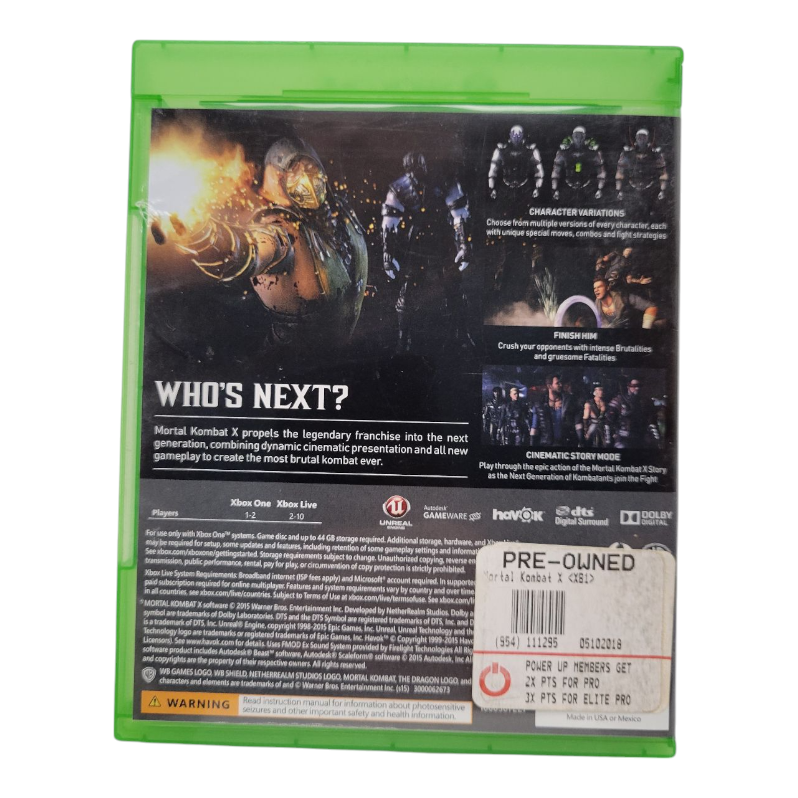 Warner Bros Mortal Kombat X Xbox One 2015 Case Manual Disc