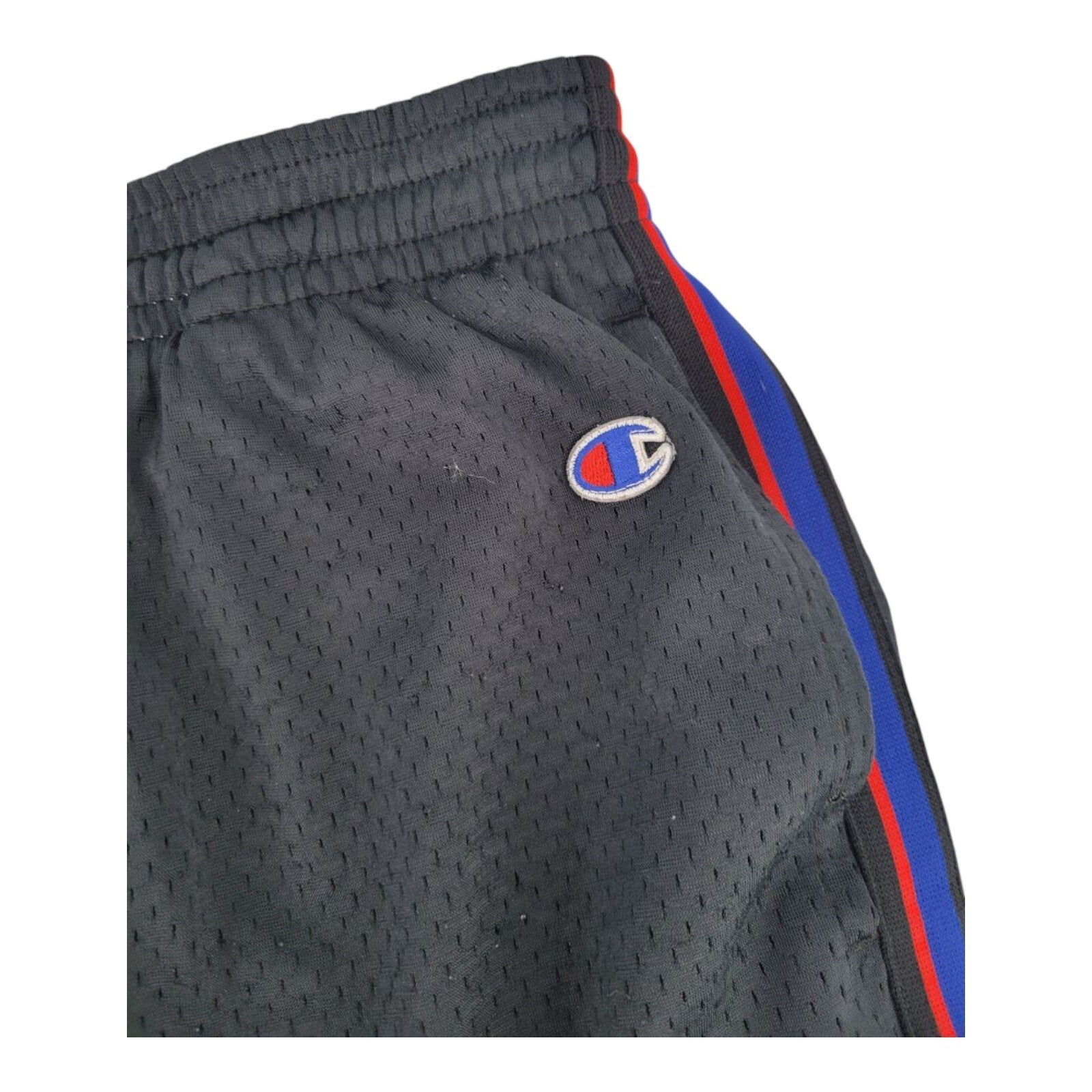 Champion Black Mesh Athletic Shorts Red Blue Trim Elastic Waist Size Large