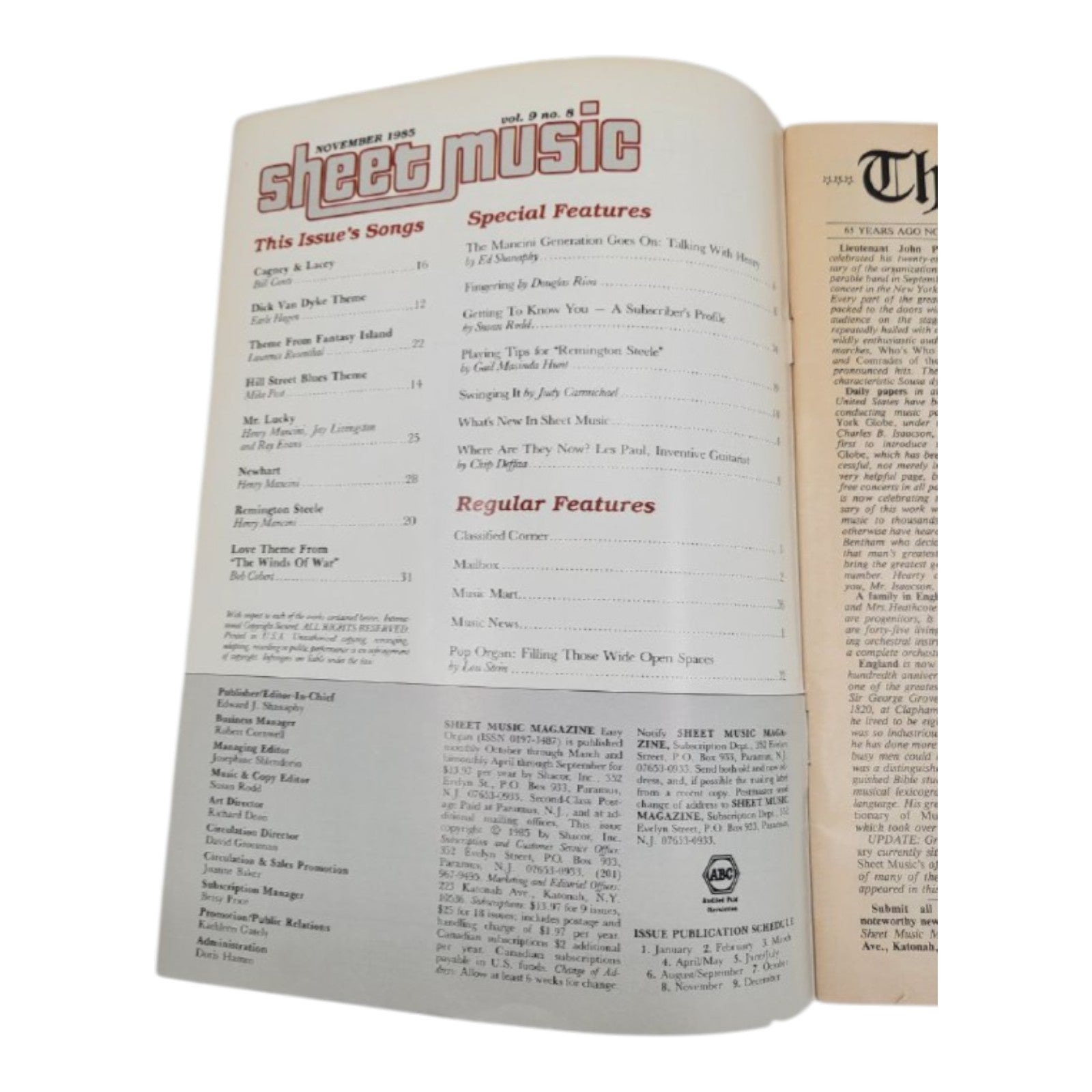 Sheet Music Magazine Great TV Themes Easy Organ Nov 1985 Vol. 9 No. 8