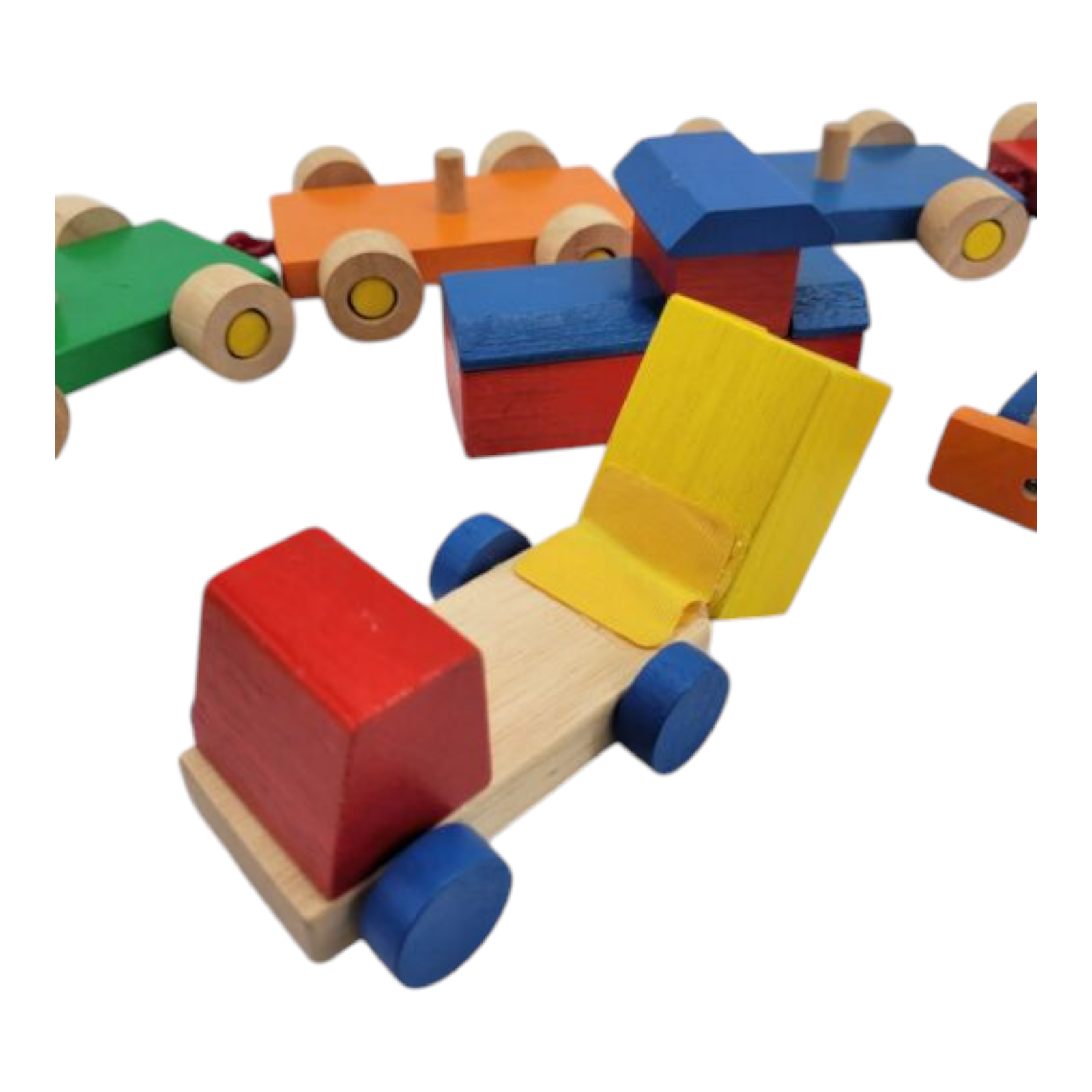 Vintage Toy Wood Train Blue Yellow Red Green with Wood Crain Dump Truck