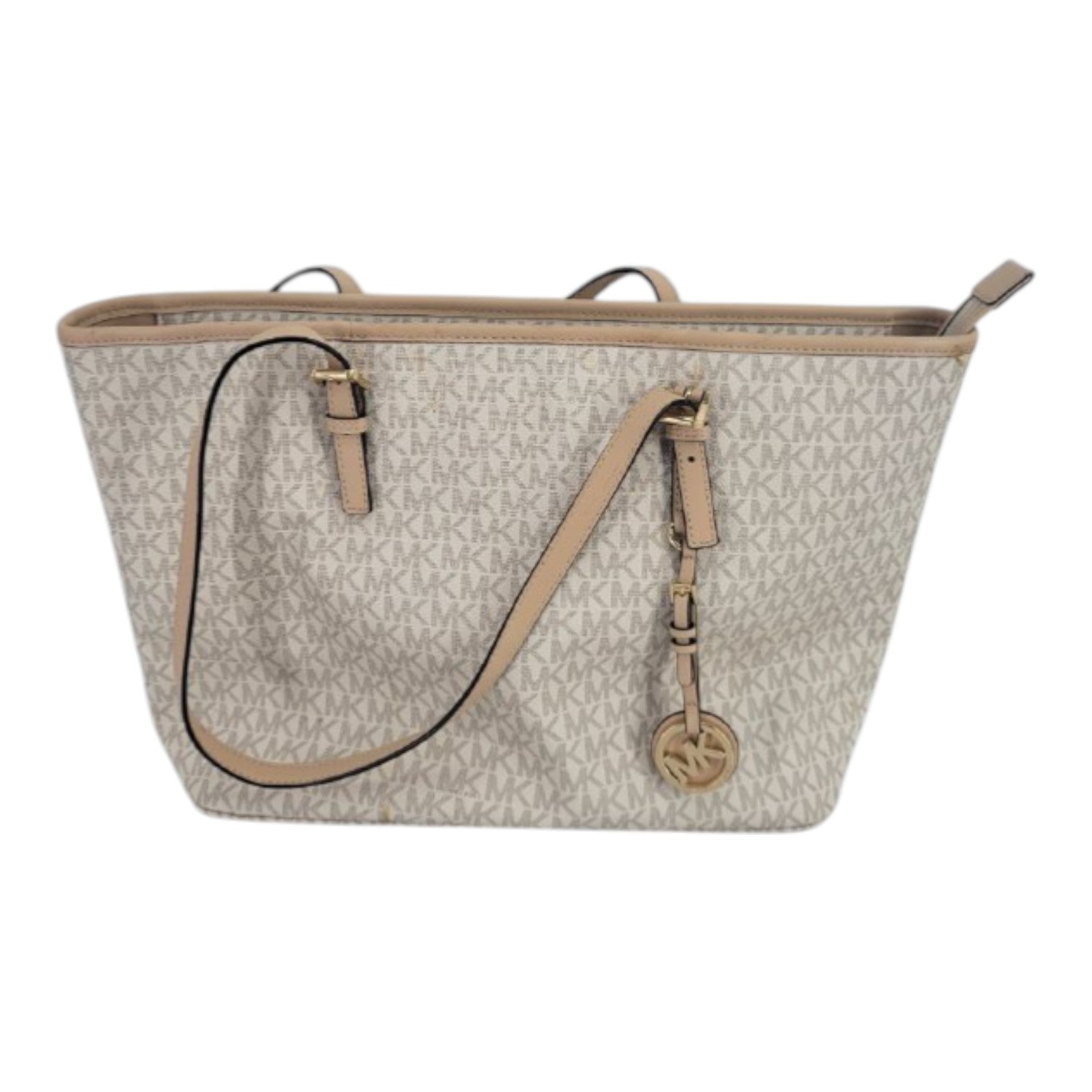 Michael Kors Jet Set Travel Tote Vanilla MK Logo Canvas Leather Gold Charm