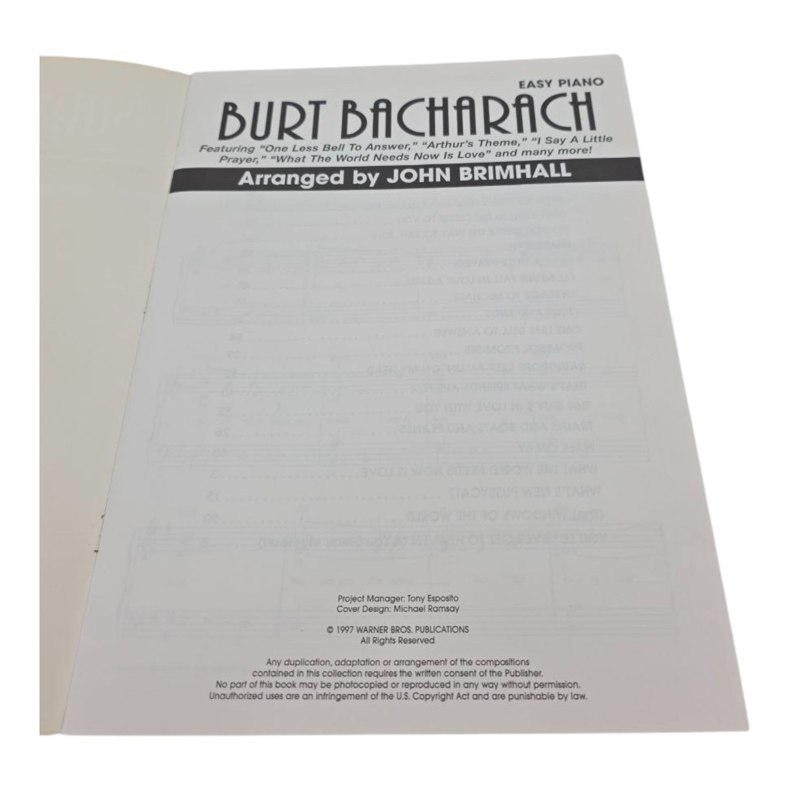 Burt Bacharach Easy Piano Songbook Arranged by John Brimhall 1997 Warner Bros